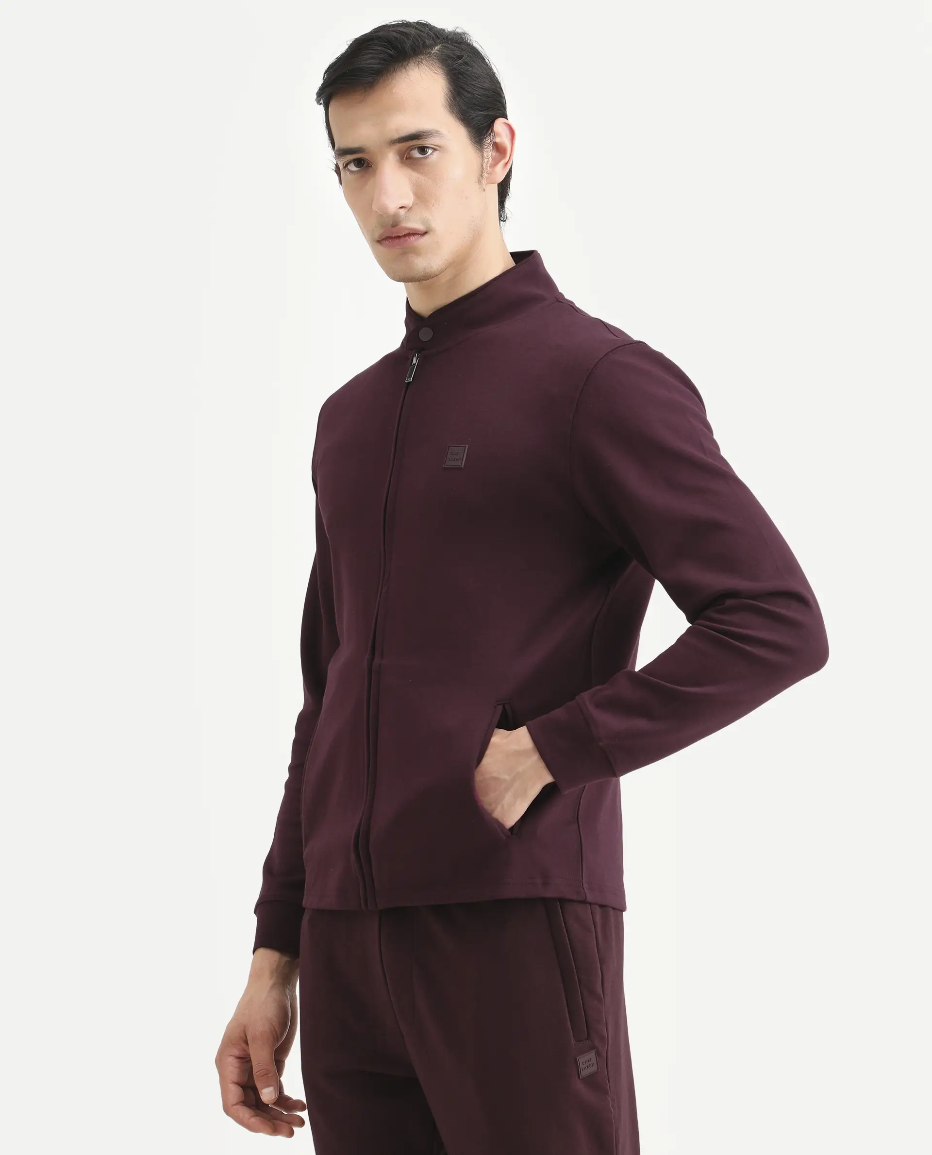 Rare Rabbit Men's Morris-25 Dark Maroon Cotton Blend Plain Regular Fit Full Sleeve Mandarin Collar Jacket - Image 4