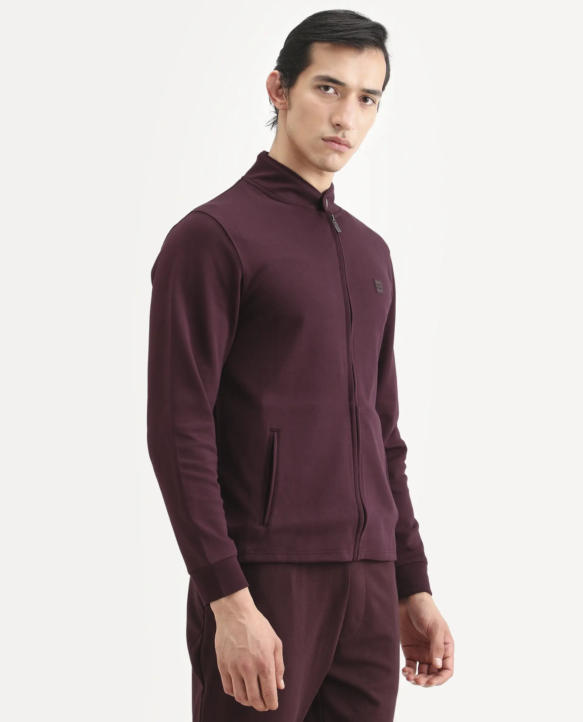 Rare Rabbit Men's Morris-25 Dark Maroon Cotton Blend Plain Regular Fit Full Sleeve Mandarin Collar Jacket - Image 5