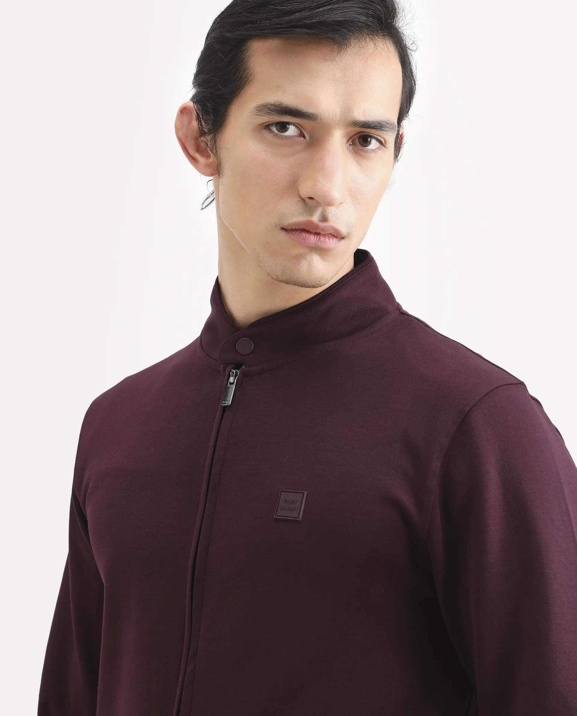 Rare Rabbit Men's Morris-25 Dark Maroon Cotton Blend Plain Regular Fit Full Sleeve Mandarin Collar Jacket - Image 6