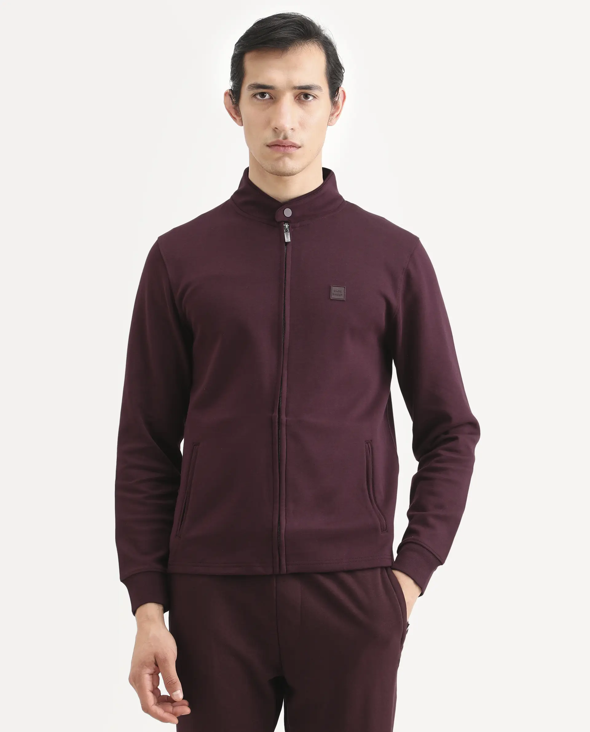 Rare Rabbit Men's Morris-25 Dark Maroon Cotton Blend Plain Regular Fit Full Sleeve Mandarin Collar Jacket - Image 7