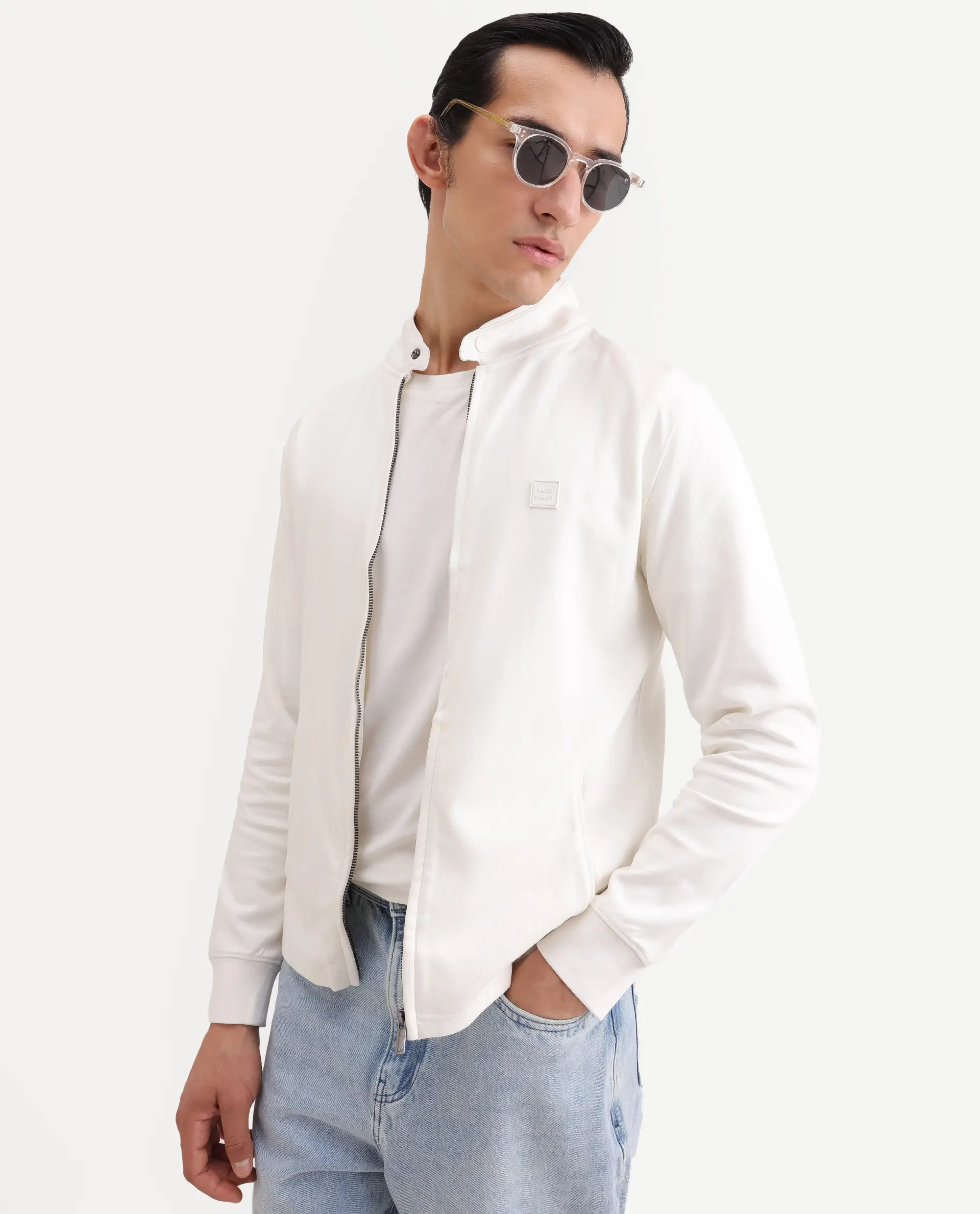 Rare Rabbit Men's Morris-25 Off White Cotton Blend Plain Regular Fit Full Sleeve Mandarin Collar Jacket