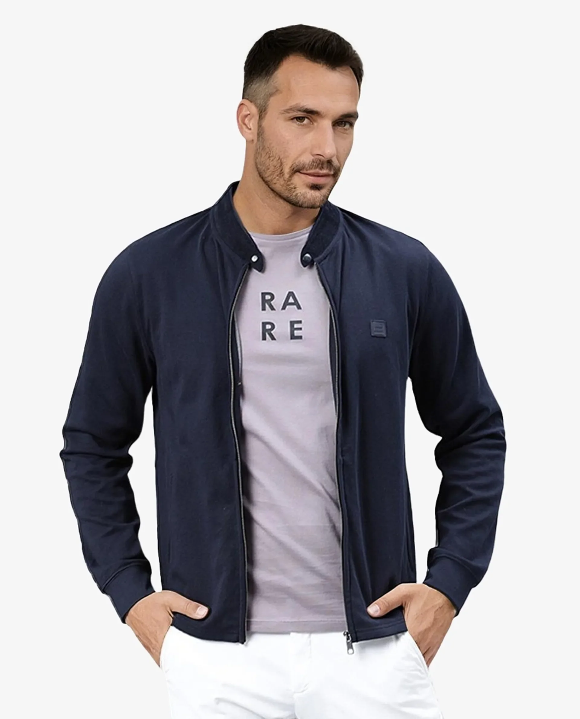 Rare Rabbit Men's Morris Navy Cotton Plain Regular Fit Full Sleeve Mandarin Collar Jacket