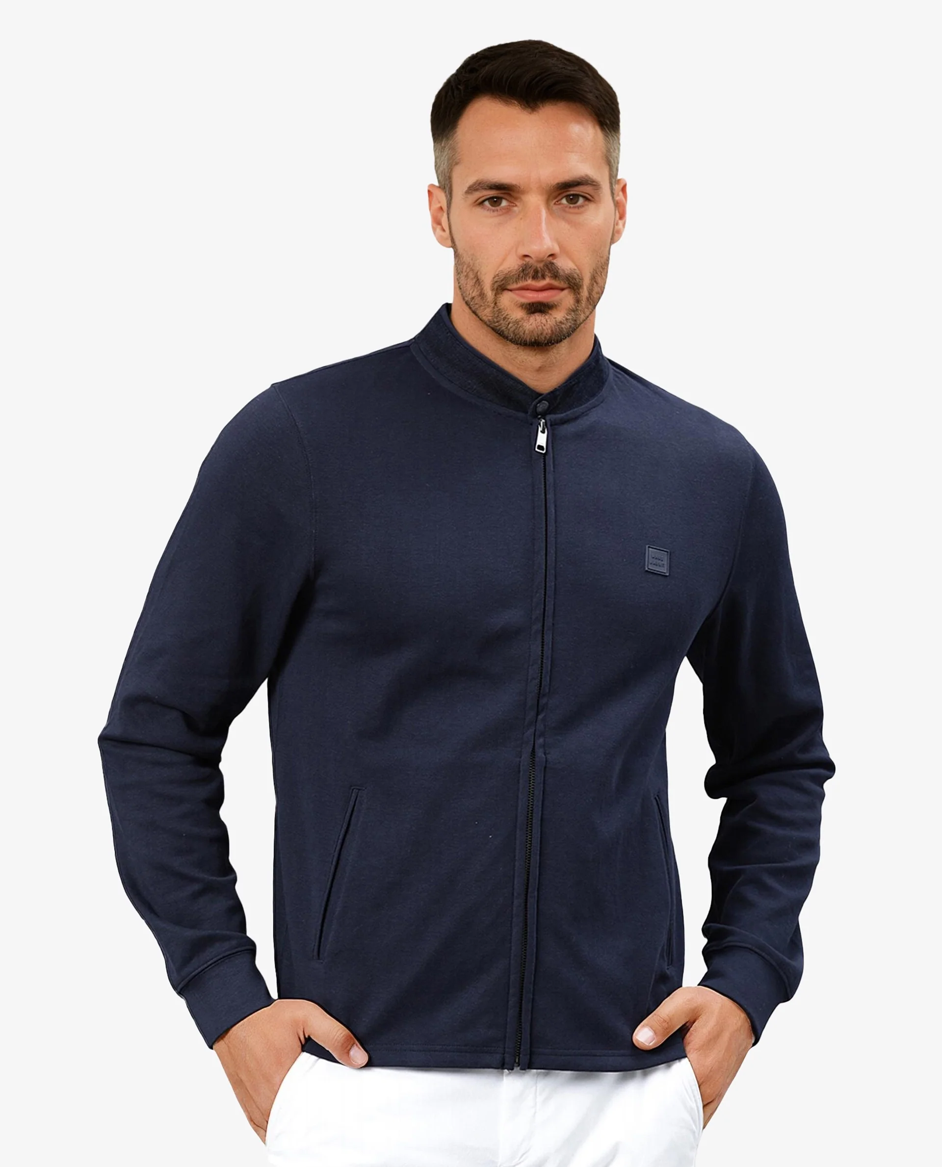 Rare Rabbit Men's Morris Navy Cotton Plain Regular Fit Full Sleeve Mandarin Collar Jacket - Image 2