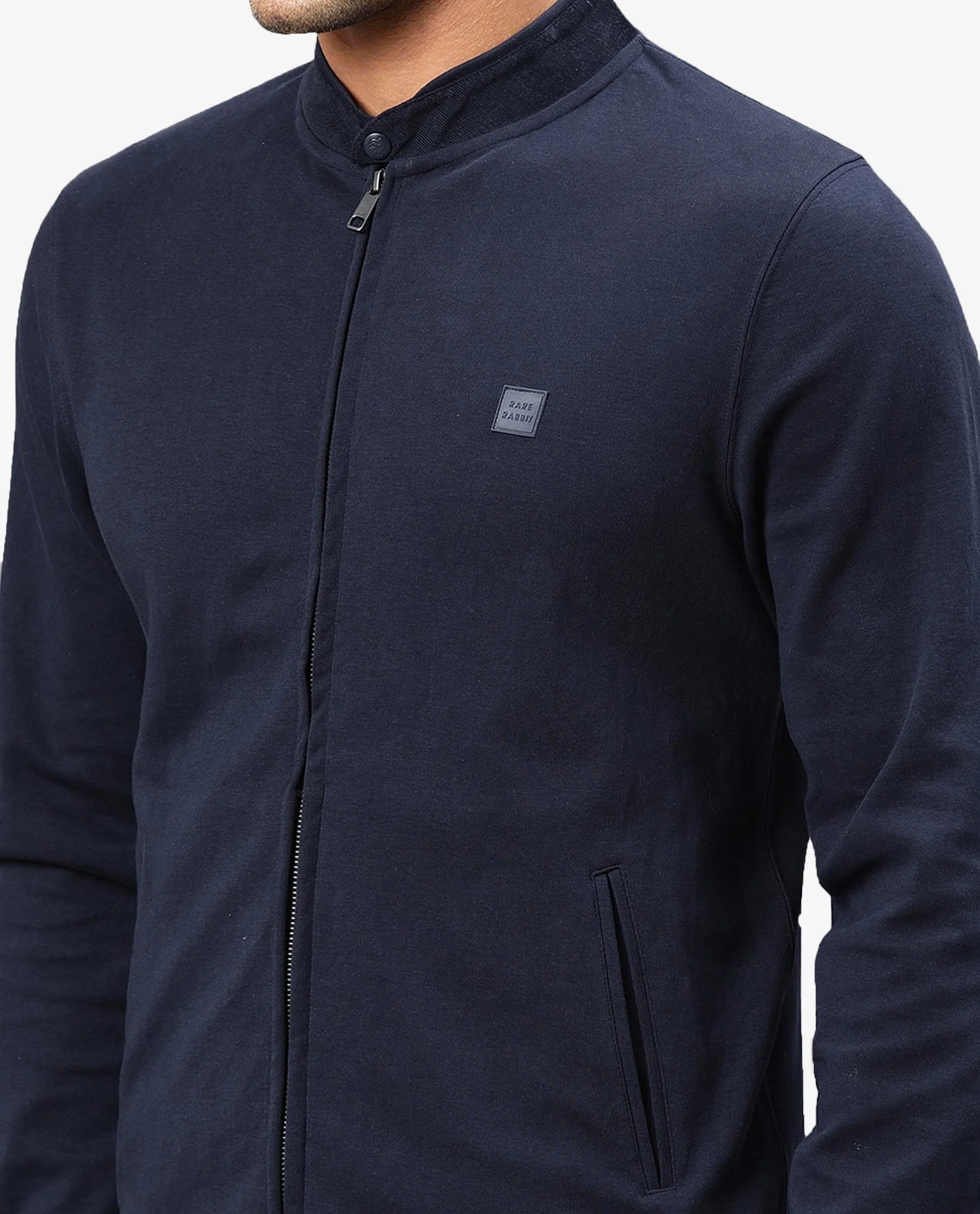 Rare Rabbit Men's Morris Navy Cotton Plain Regular Fit Full Sleeve Mandarin Collar Jacket - Image 4