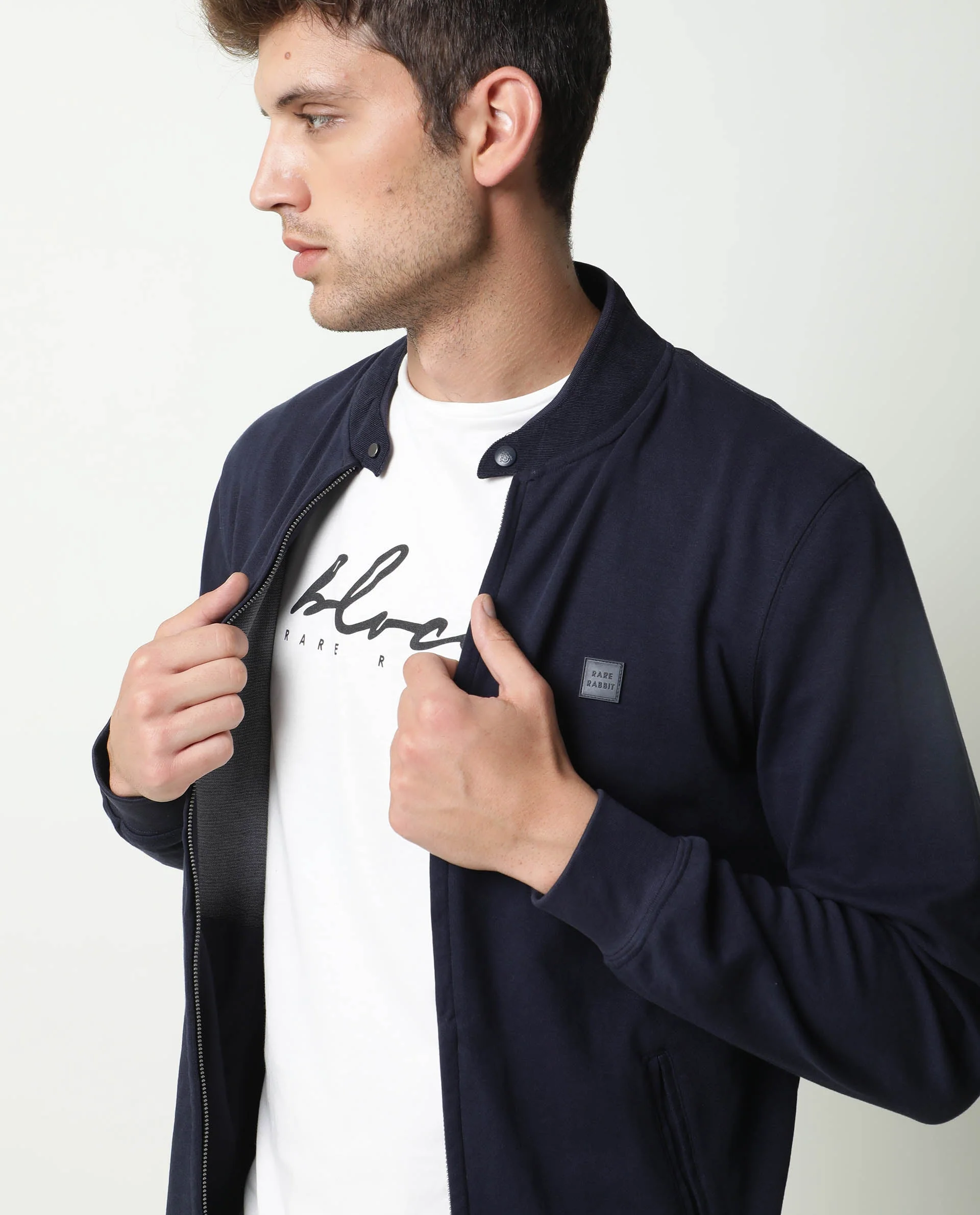 Rare Rabbit Men's Morris Navy Cotton Plain Regular Fit Full Sleeve Mandarin Collar Jacket - Image 7
