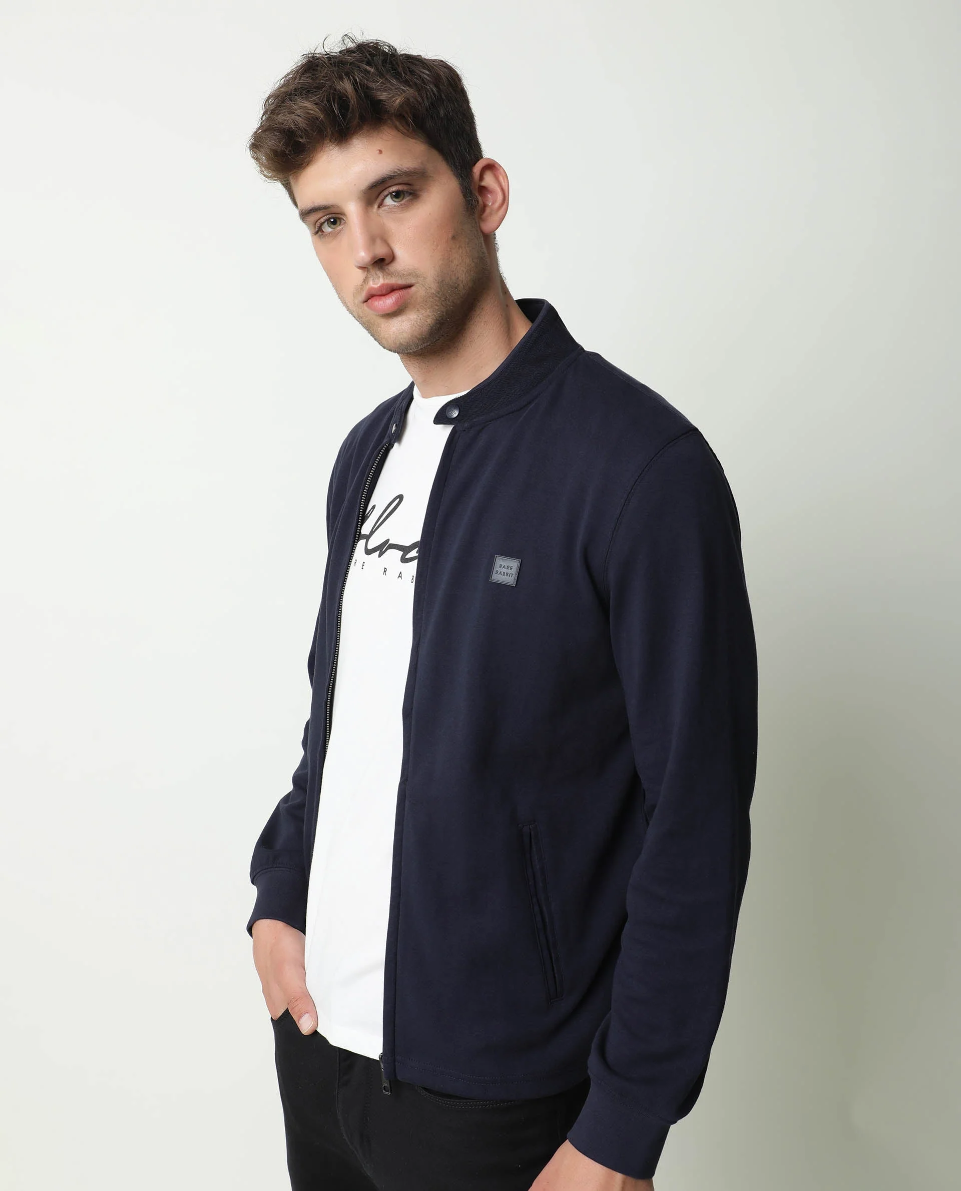 Rare Rabbit Men's Morris Navy Cotton Plain Regular Fit Full Sleeve Mandarin Collar Jacket - Image 9