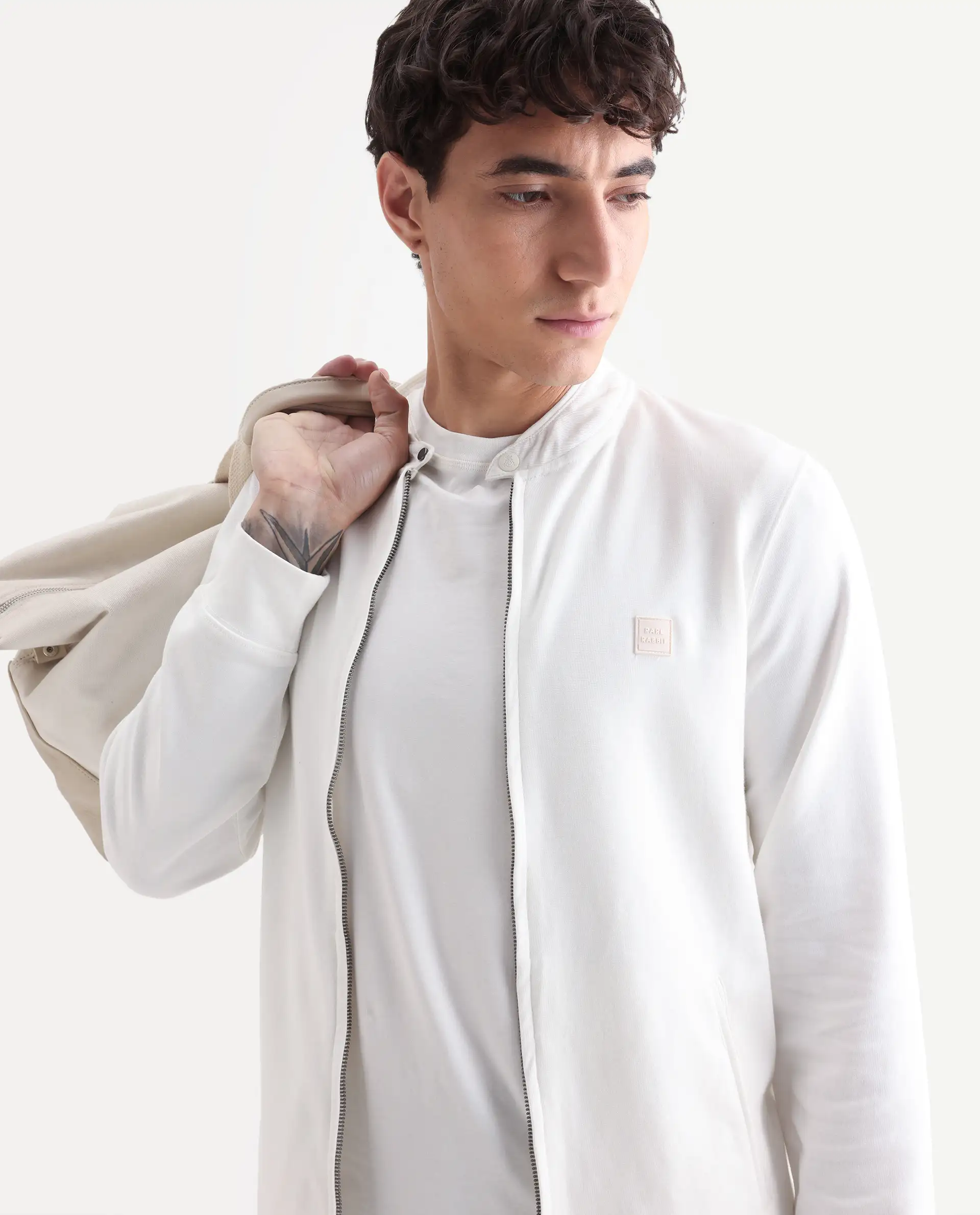 Rare Rabbit Men's Morris Offwhite Cotton Plain Regular Fit Full Sleeve Mandarin Collar Jacket