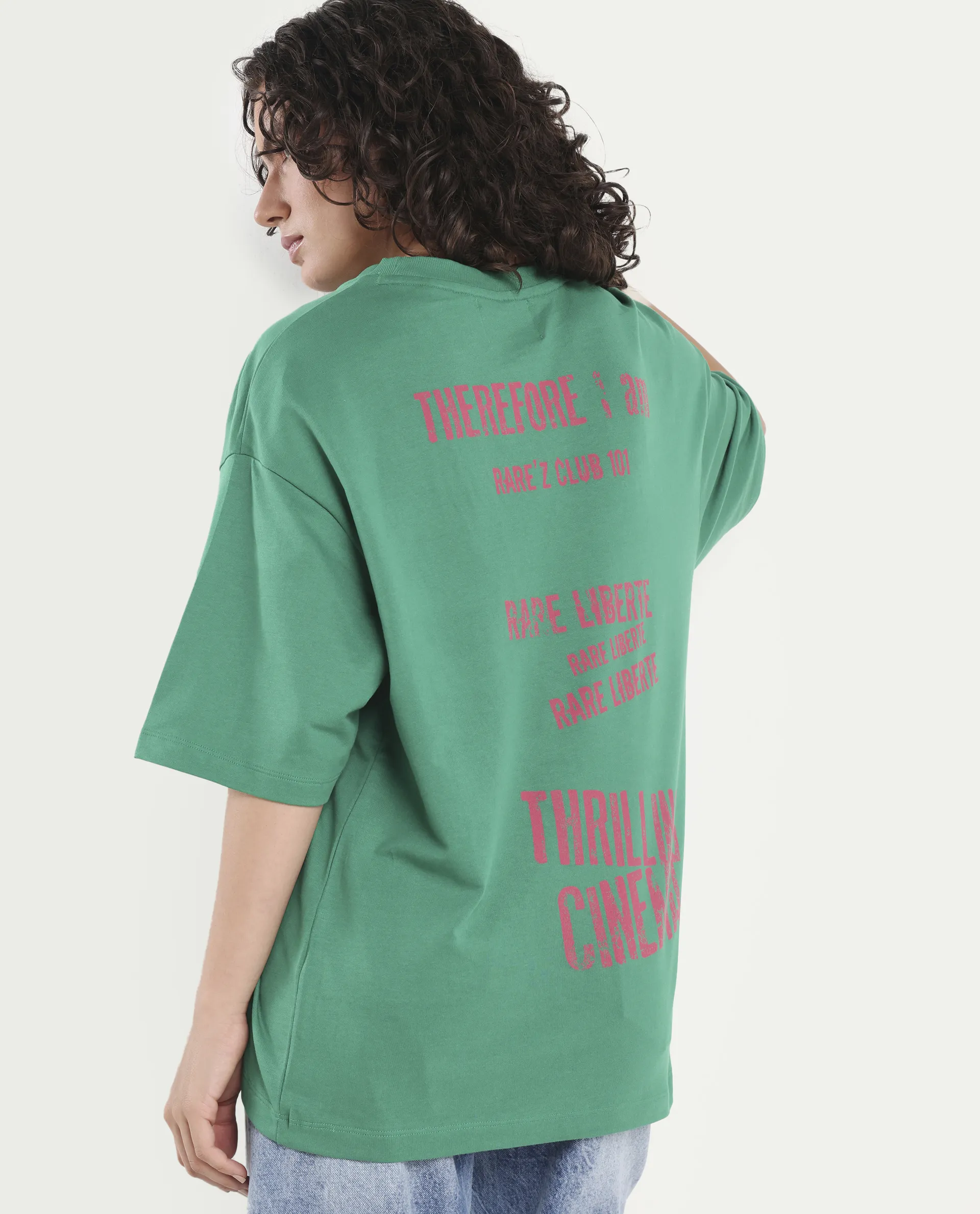 Rareism Women's Morsh Green Cotton Graphic Print Oversized T-Shirt