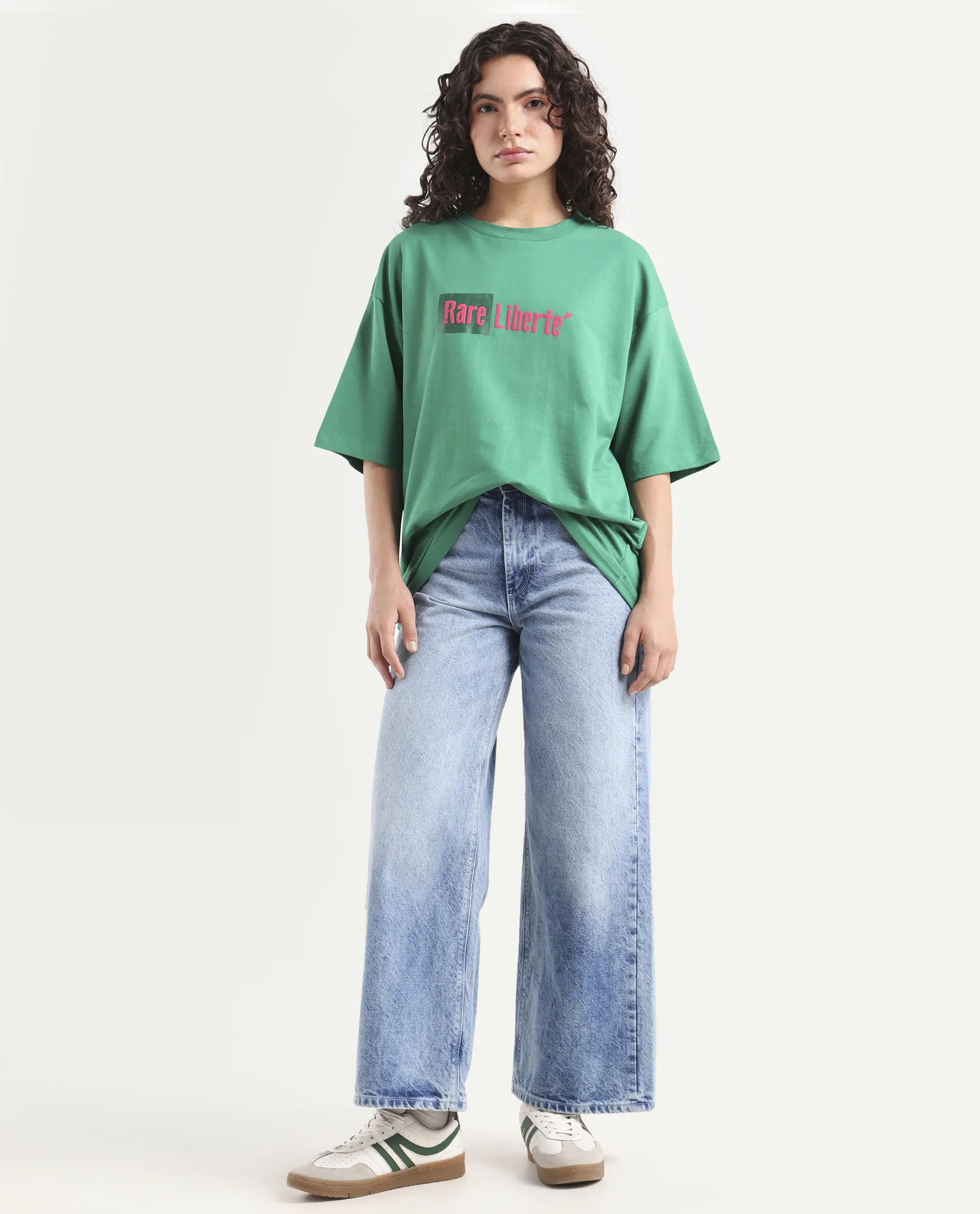 Rareism Women's Morsh Green Cotton Graphic Print Oversized T-Shirt - Image 2