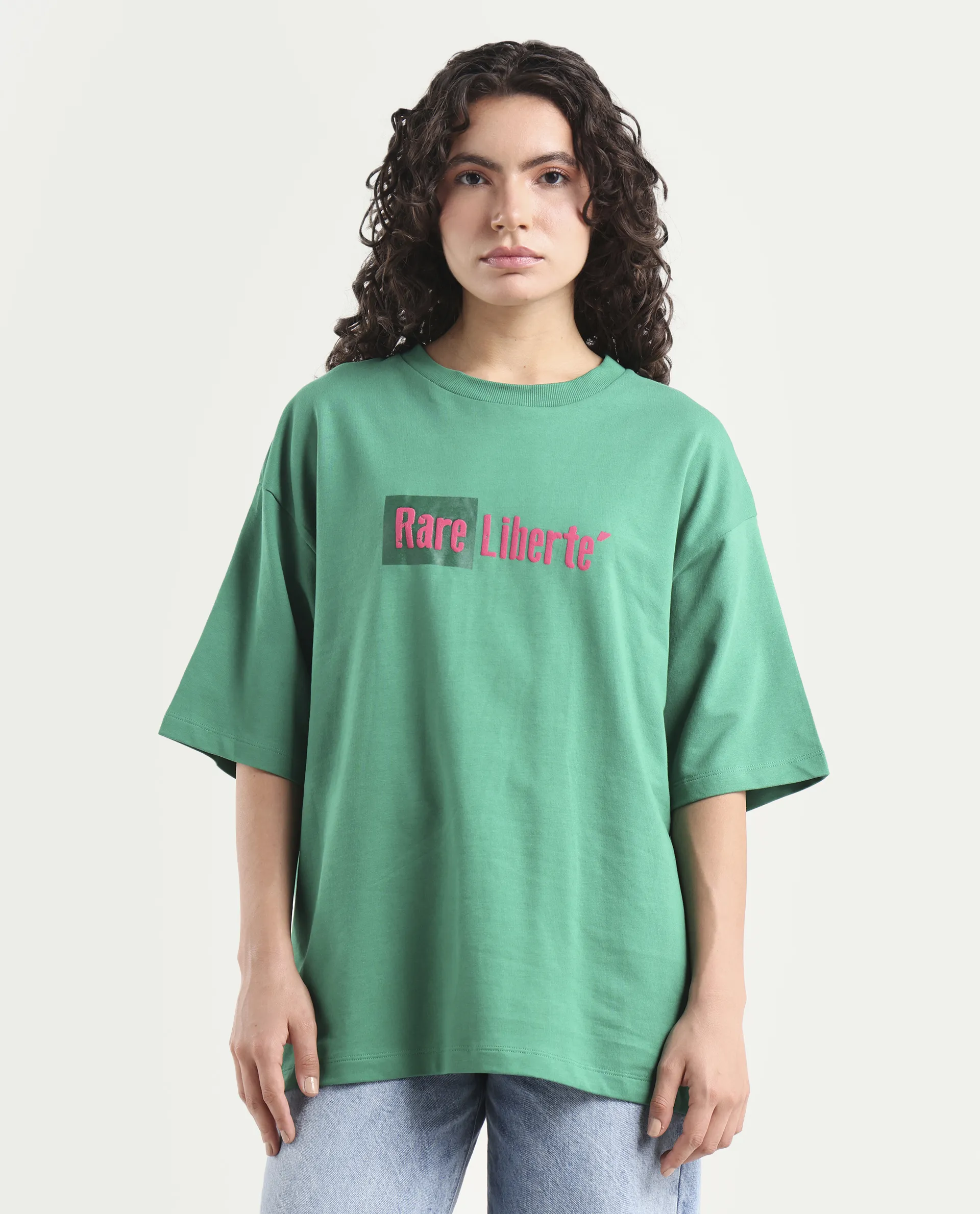 Rareism Women's Morsh Green Cotton Graphic Print Oversized T-Shirt - Image 3