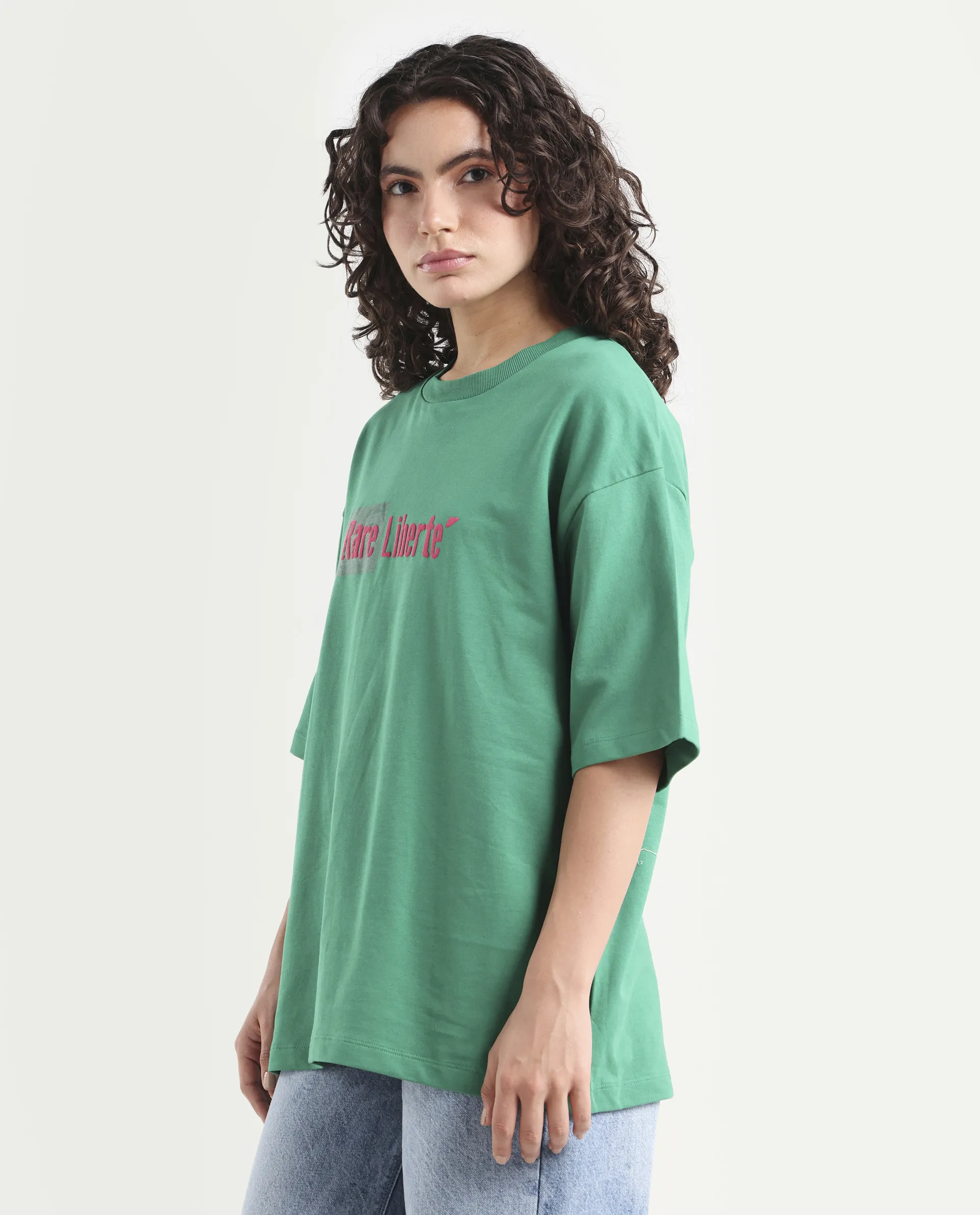 Rareism Women's Morsh Green Cotton Graphic Print Oversized T-Shirt - Image 5