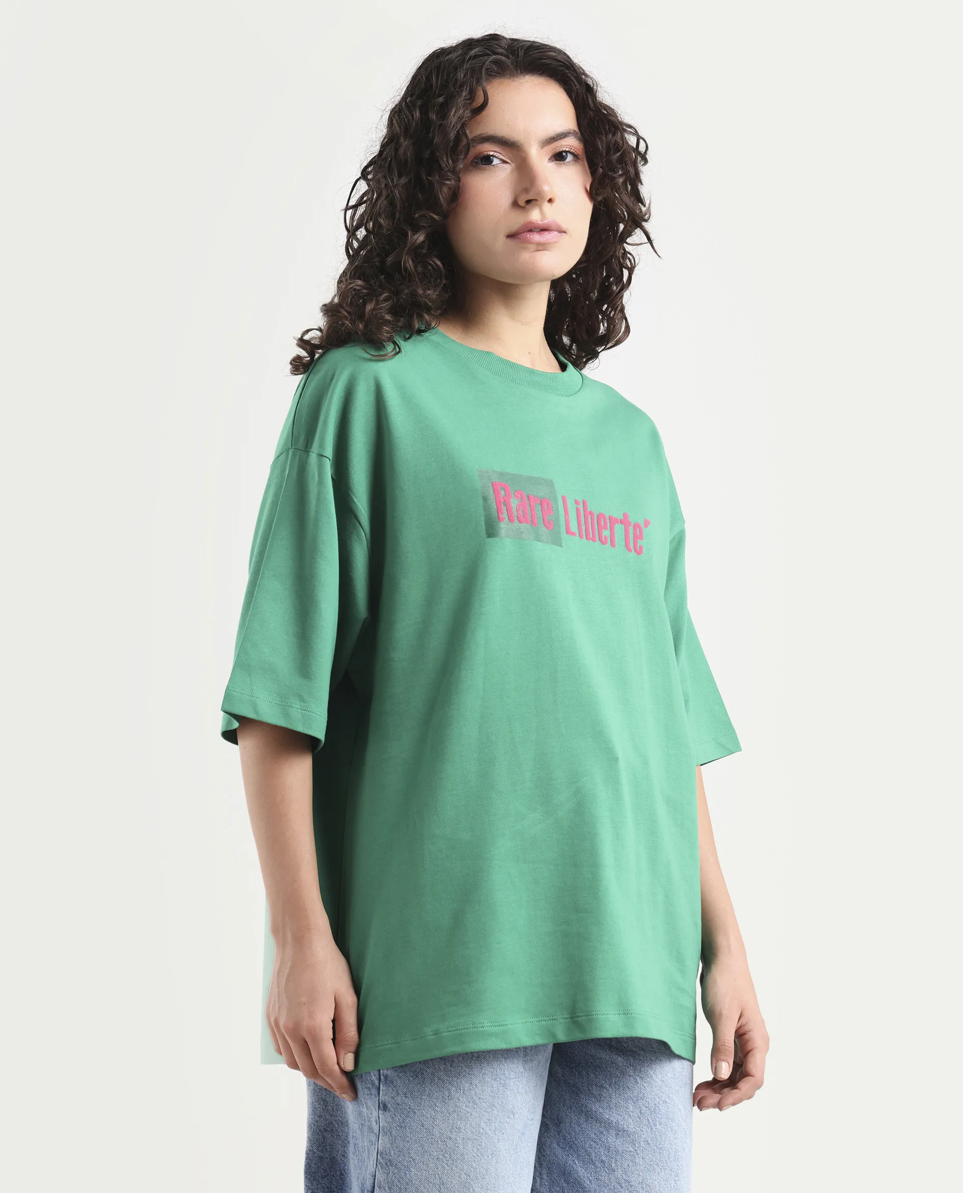 Rareism Women's Morsh Green Cotton Graphic Print Oversized T-Shirt - Image 6