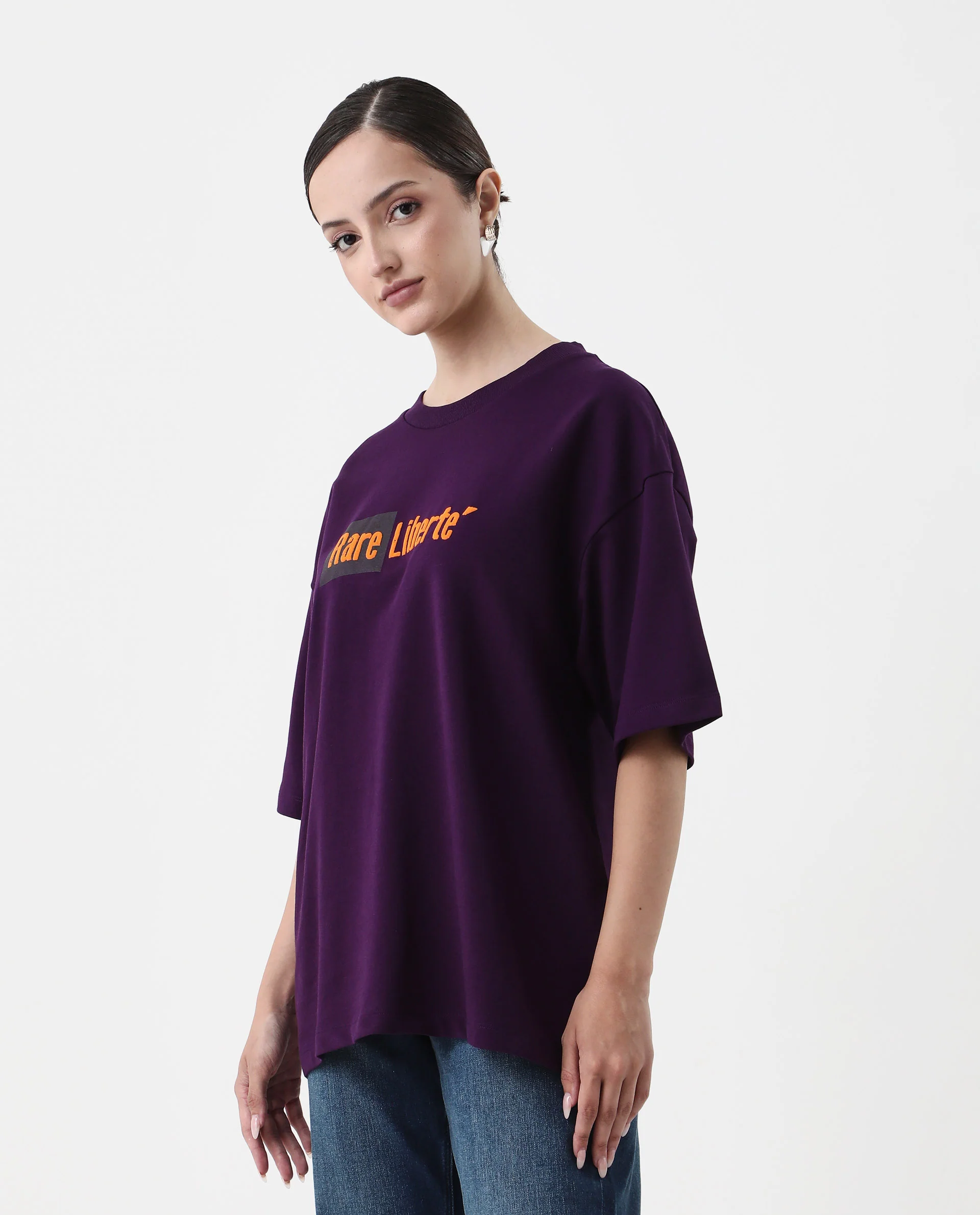 Rareism Women's Morsh Purple Cotton Graphic Print Oversized T-Shirt - Image 3