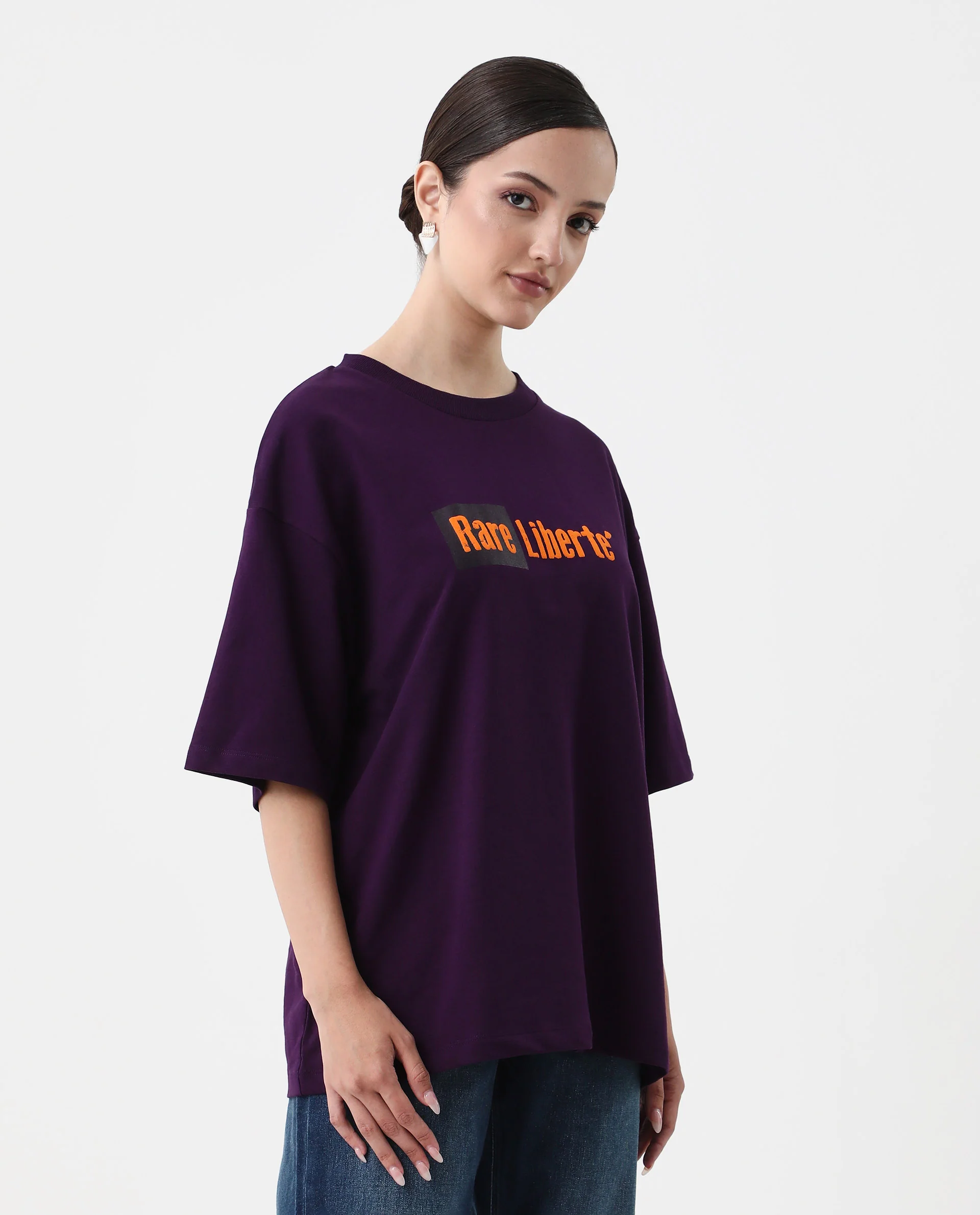 Rareism Women's Morsh Purple Cotton Graphic Print Oversized T-Shirt - Image 4