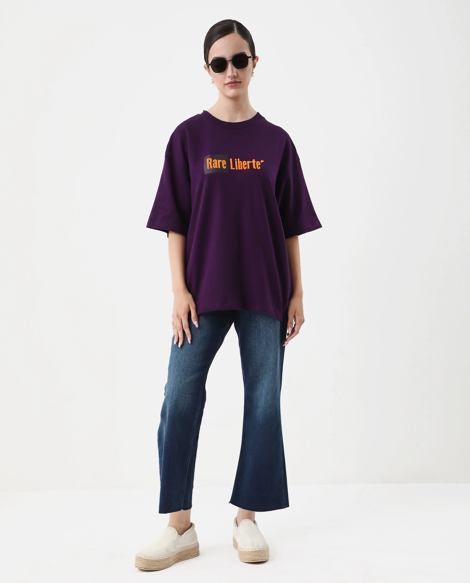 Rareism Women's Morsh Purple Cotton Graphic Print Oversized T-Shirt - Image 5