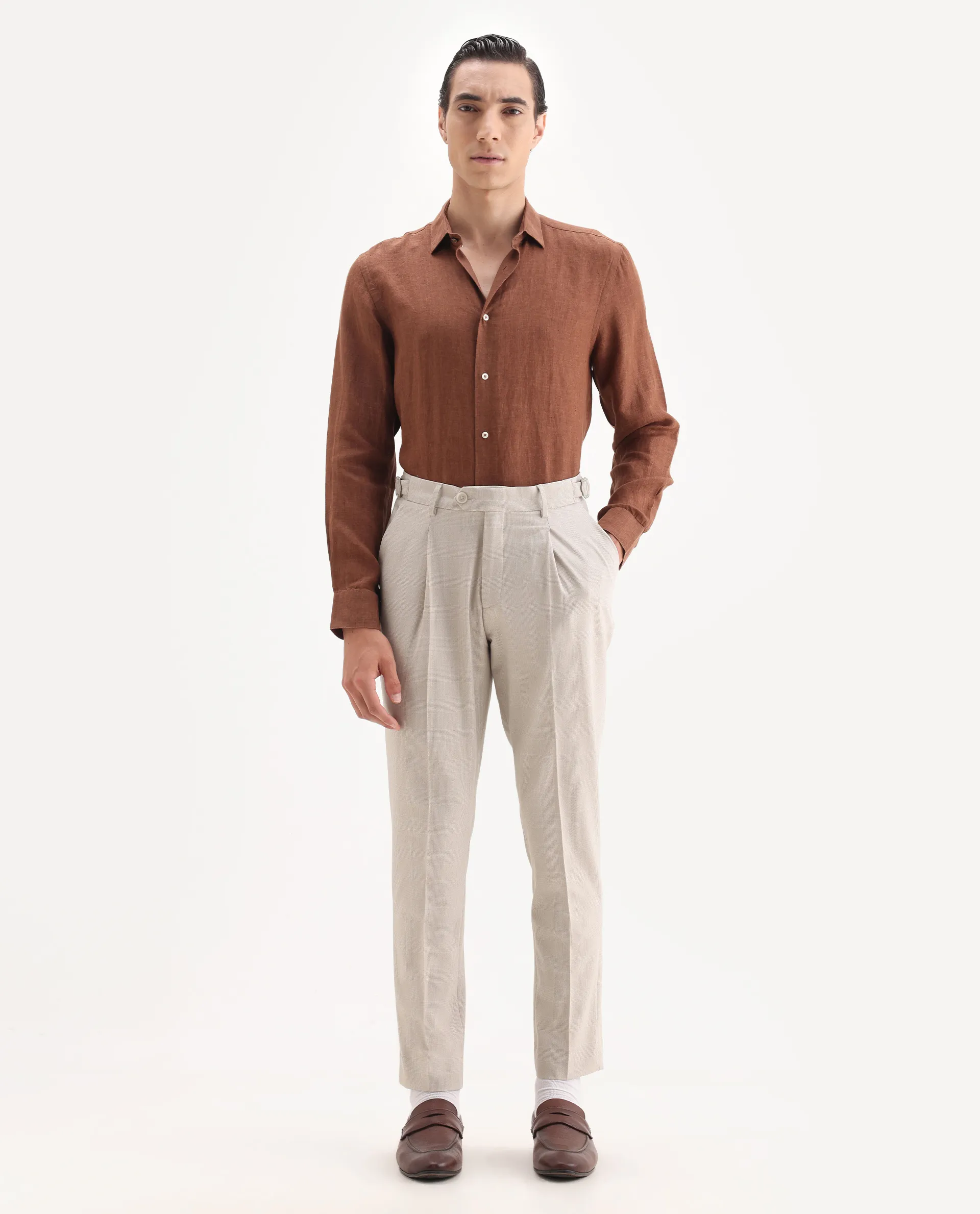 Rare Rabbit Men's Morst Beige Polyester Blend Checked Print Relaxed Fit Trouser