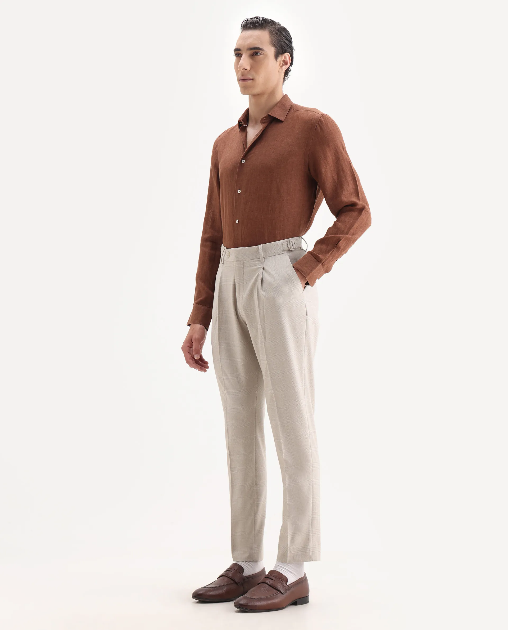 Rare Rabbit Men's Morst Beige Polyester Blend Checked Print Relaxed Fit Trouser - Image 4