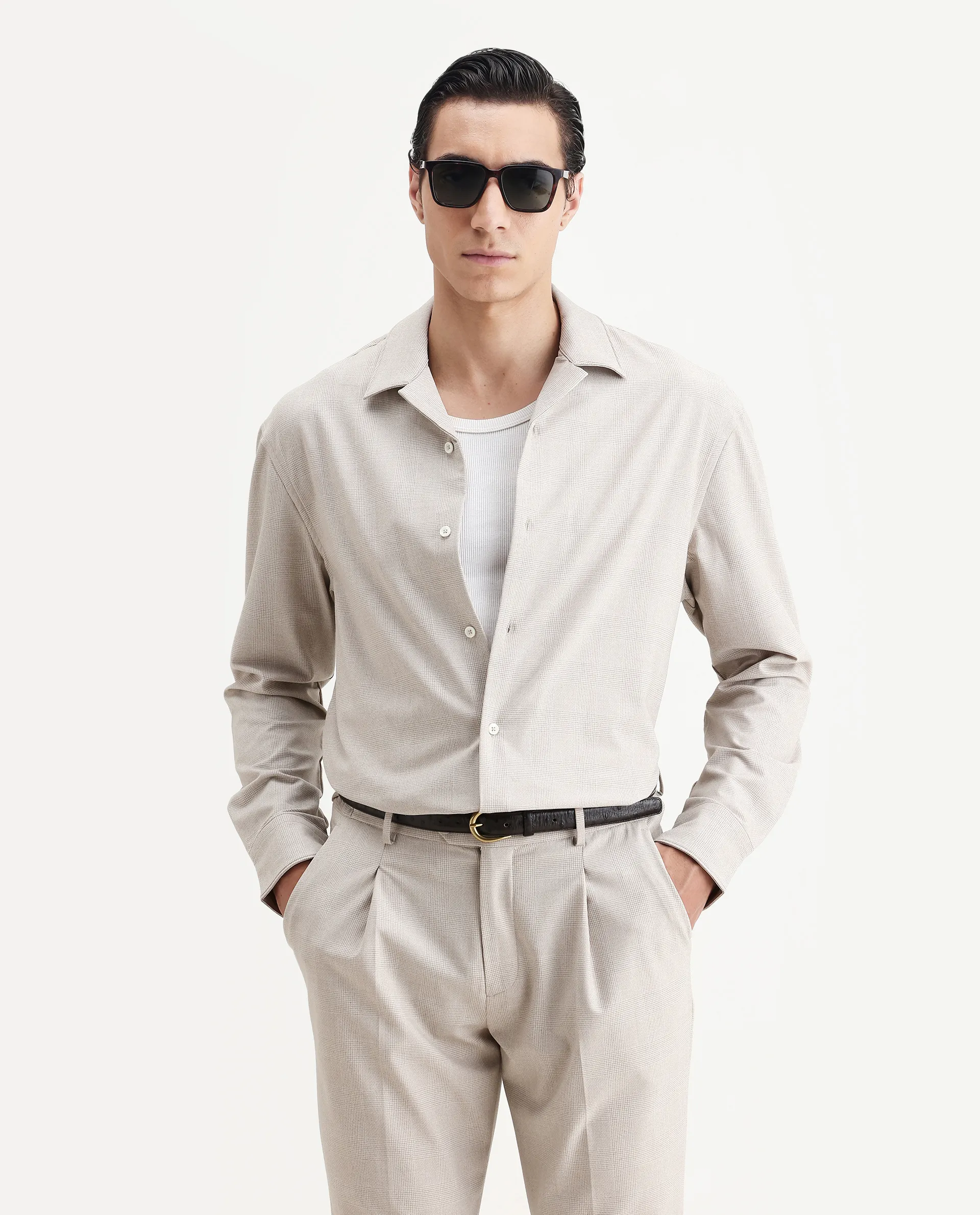 Rare Rabbit Men's Morst-T Beige Polyester Blend Checked Print Regular Fit Full Sleeve Cuban Collar Shirt