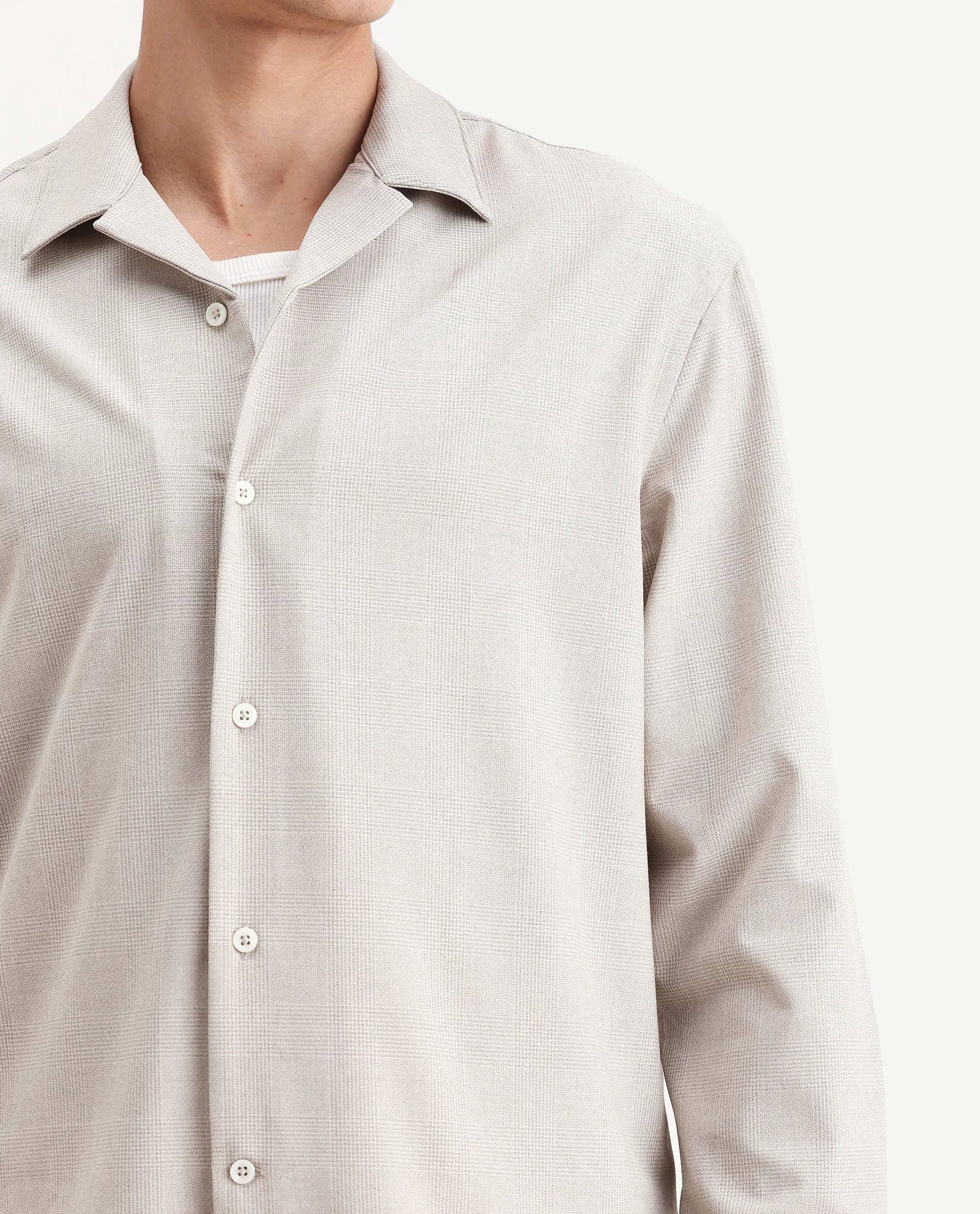 Rare Rabbit Men's Morst-T Beige Polyester Blend Checked Print Regular Fit Full Sleeve Cuban Collar Shirt - Image 3