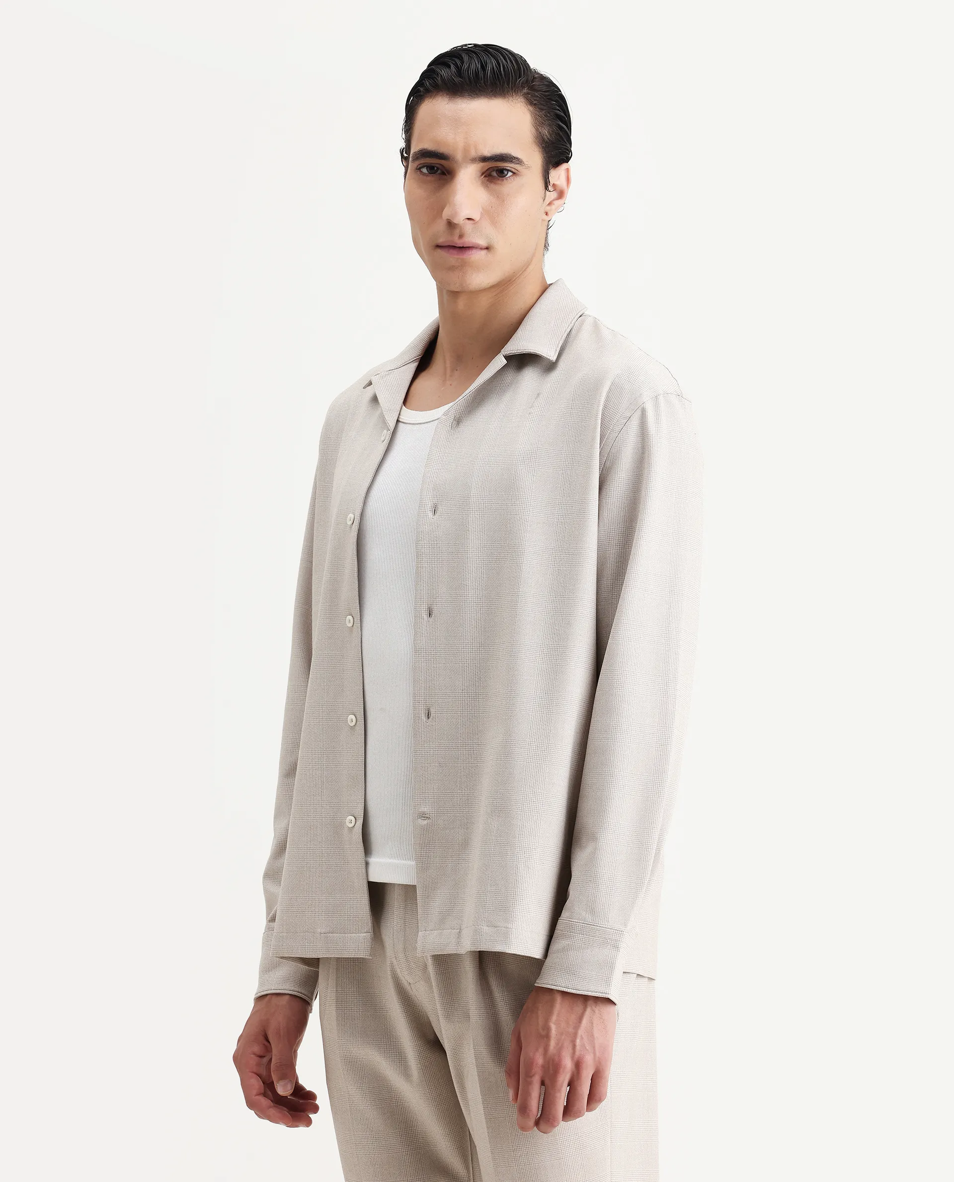 Rare Rabbit Men's Morst-T Beige Polyester Blend Checked Print Regular Fit Full Sleeve Cuban Collar Shirt - Image 4