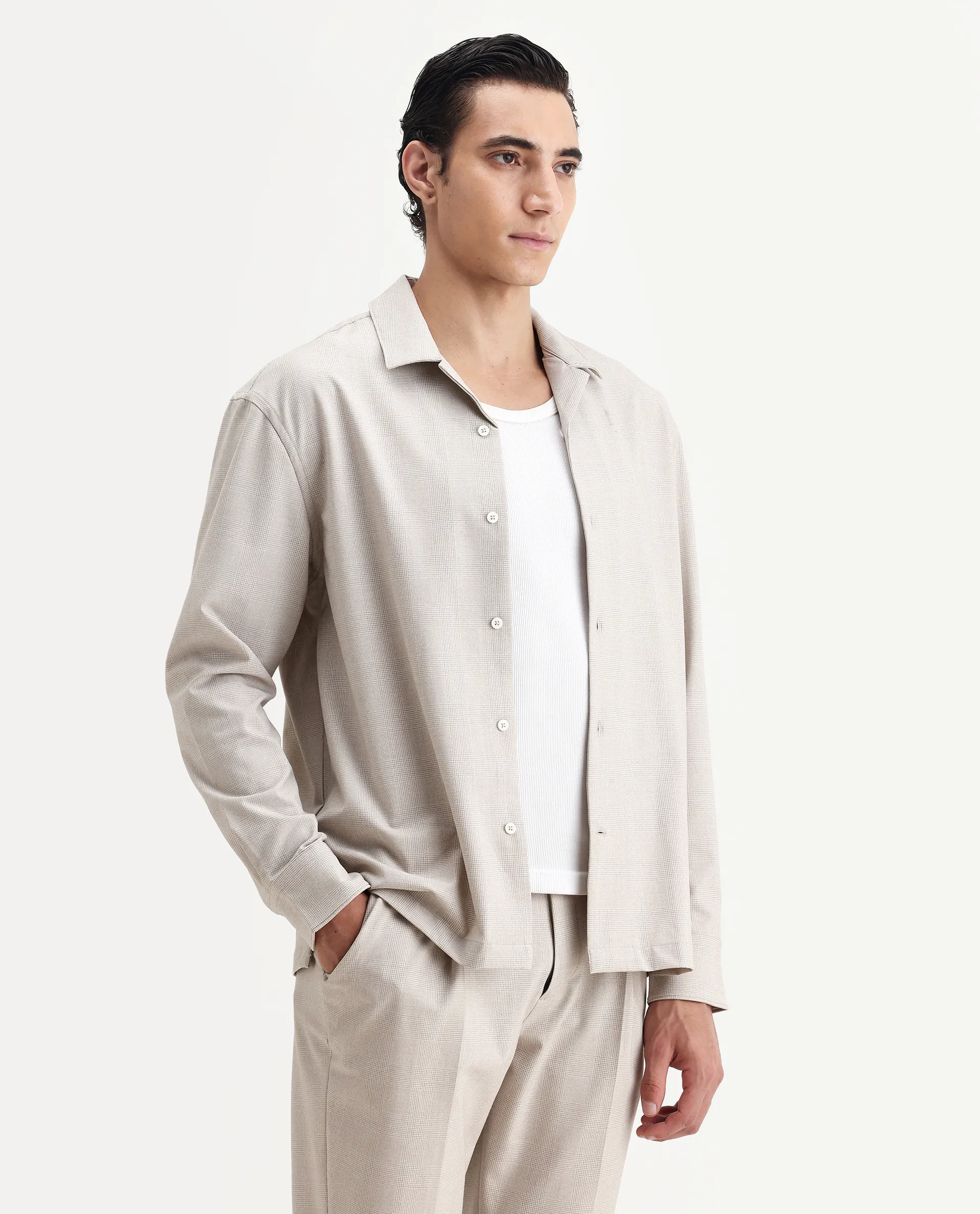 Rare Rabbit Men's Morst-T Beige Polyester Blend Checked Print Regular Fit Full Sleeve Cuban Collar Shirt - Image 5