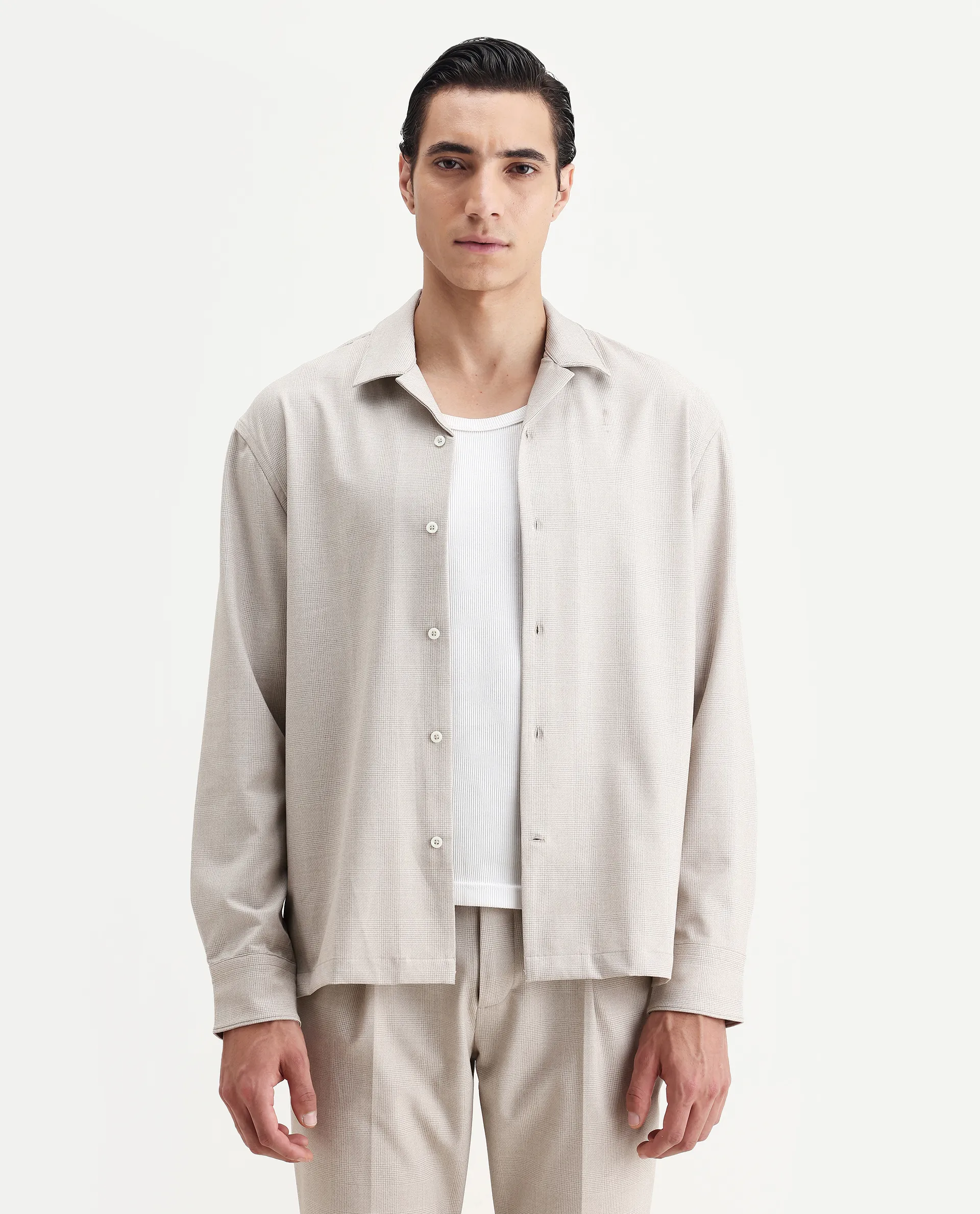 Rare Rabbit Men's Morst-T Beige Polyester Blend Checked Print Regular Fit Full Sleeve Cuban Collar Shirt - Image 6