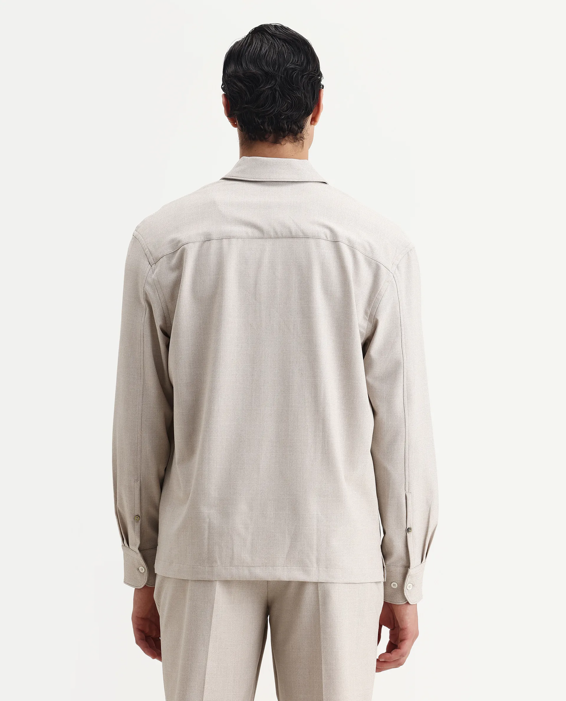 Rare Rabbit Men's Morst-T Beige Polyester Blend Checked Print Regular Fit Full Sleeve Cuban Collar Shirt - Image 7