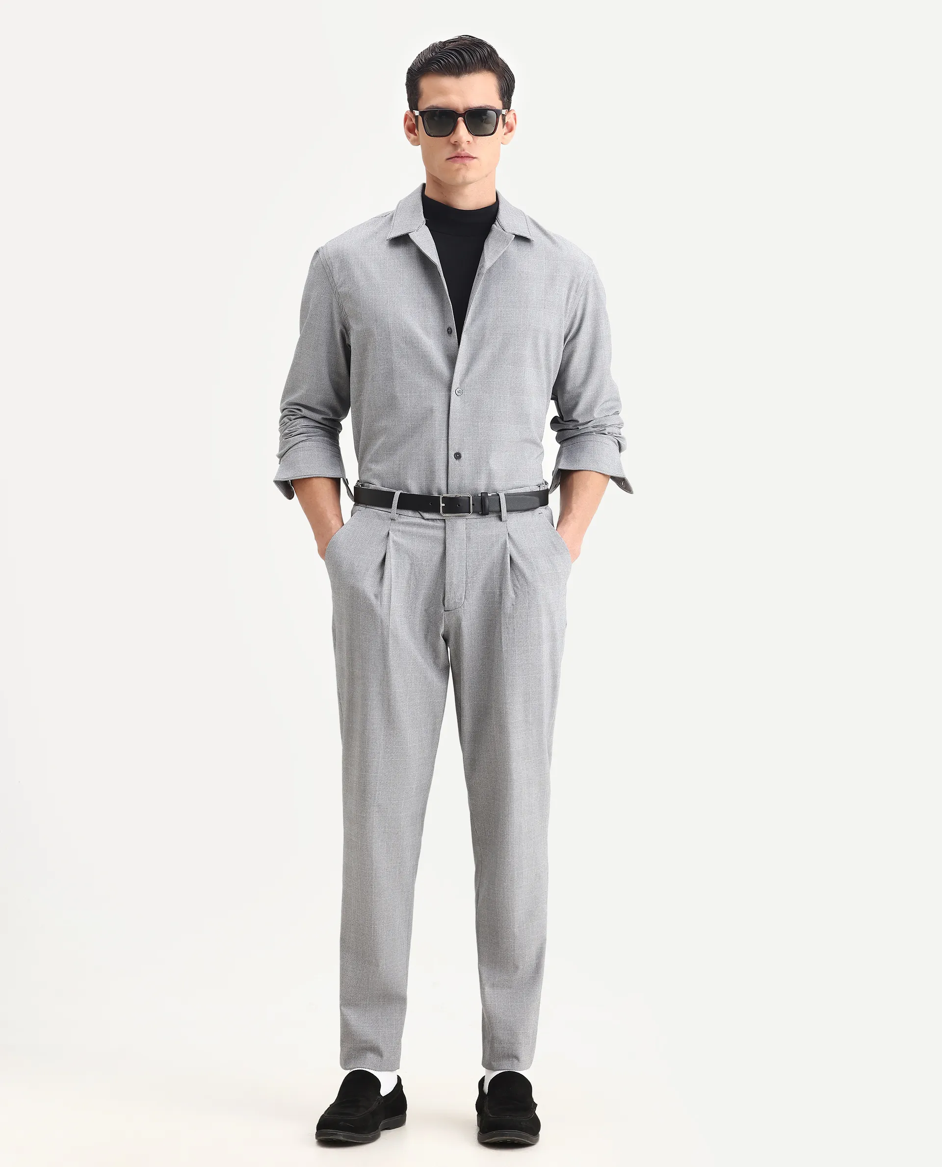 Rare Rabbit Men's Morst-T Dark Grey Polyester Blend Checked Print Regular Fit Full Sleeve Cuban Collar Shirt - Image 2