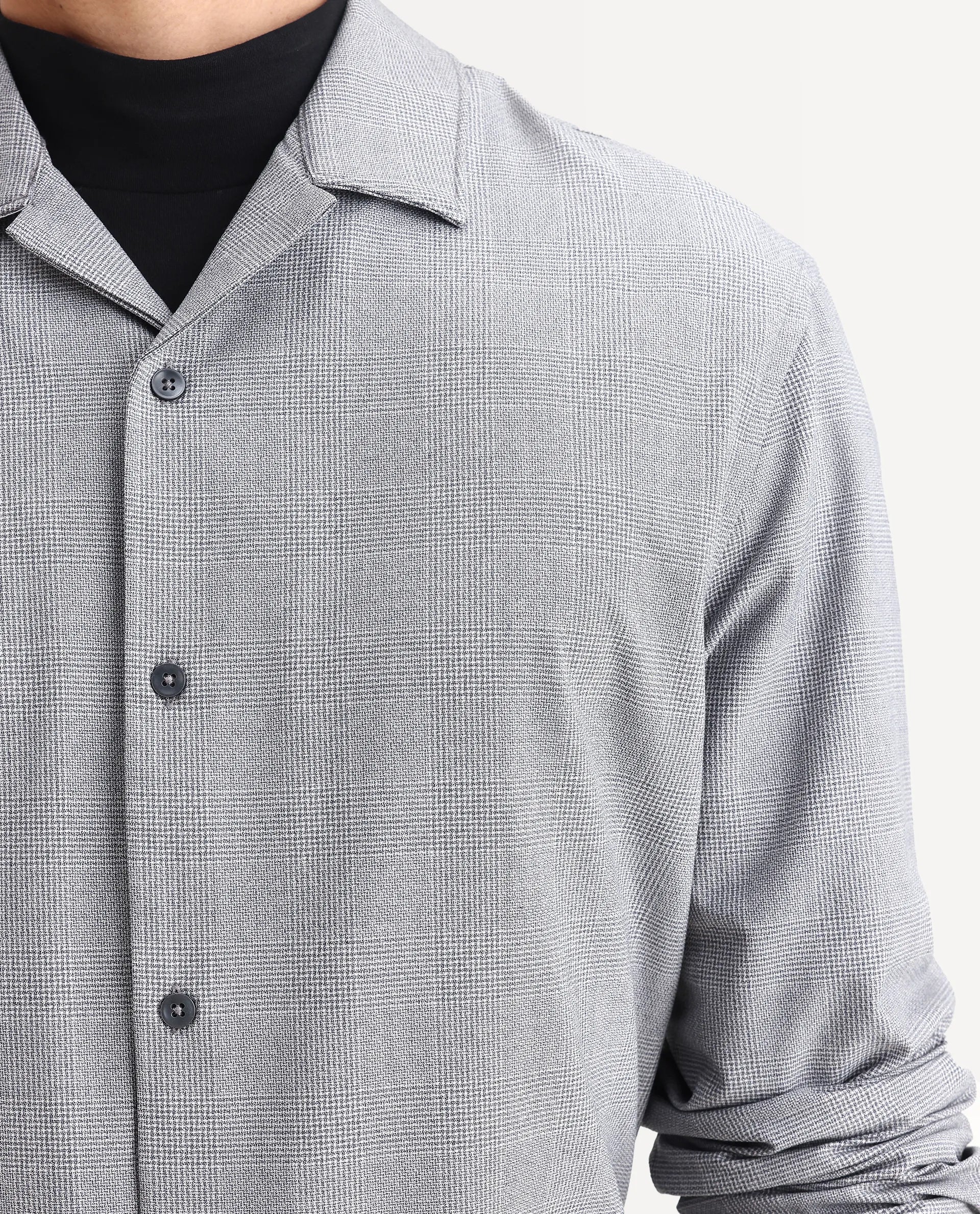 Rare Rabbit Men's Morst-T Dark Grey Polyester Blend Checked Print Regular Fit Full Sleeve Cuban Collar Shirt - Image 3