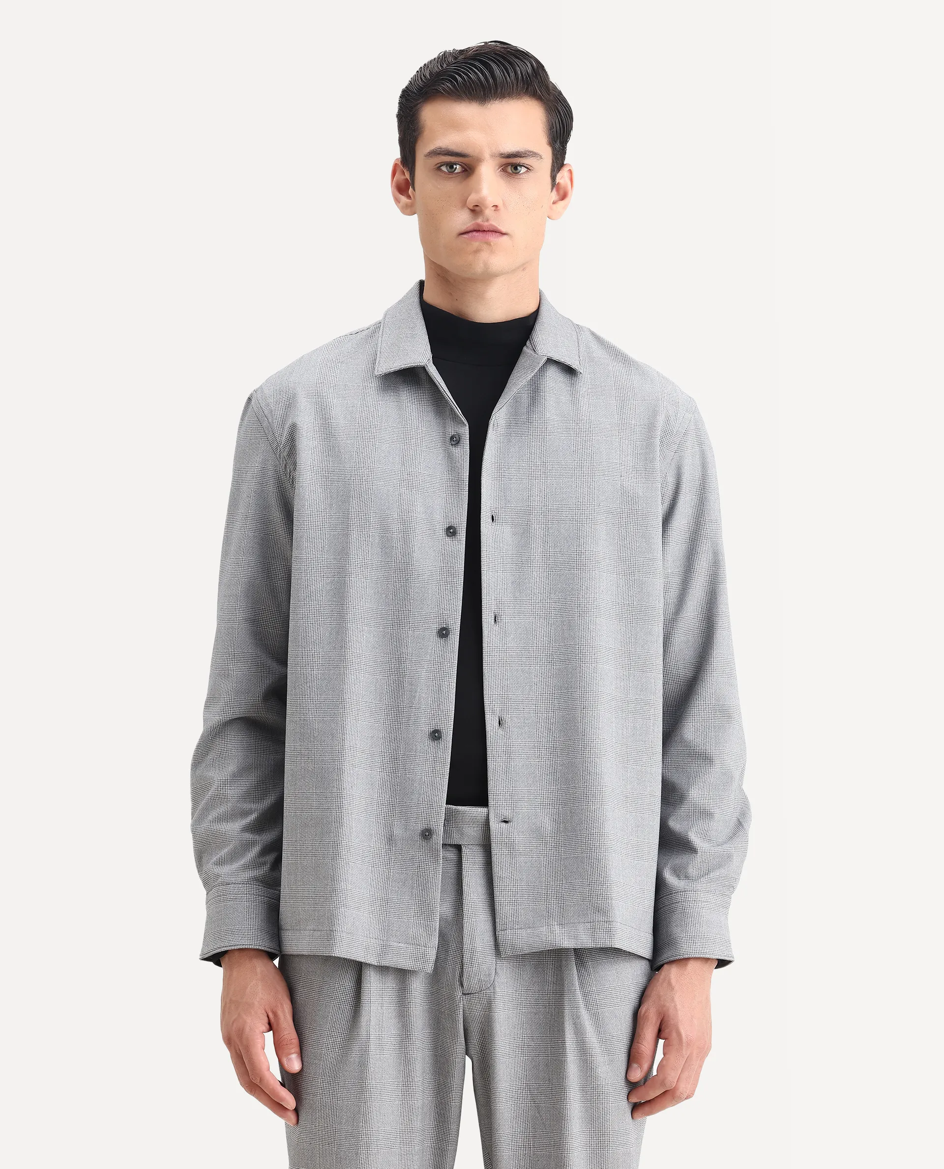 Rare Rabbit Men's Morst-T Dark Grey Polyester Blend Checked Print Regular Fit Full Sleeve Cuban Collar Shirt - Image 4