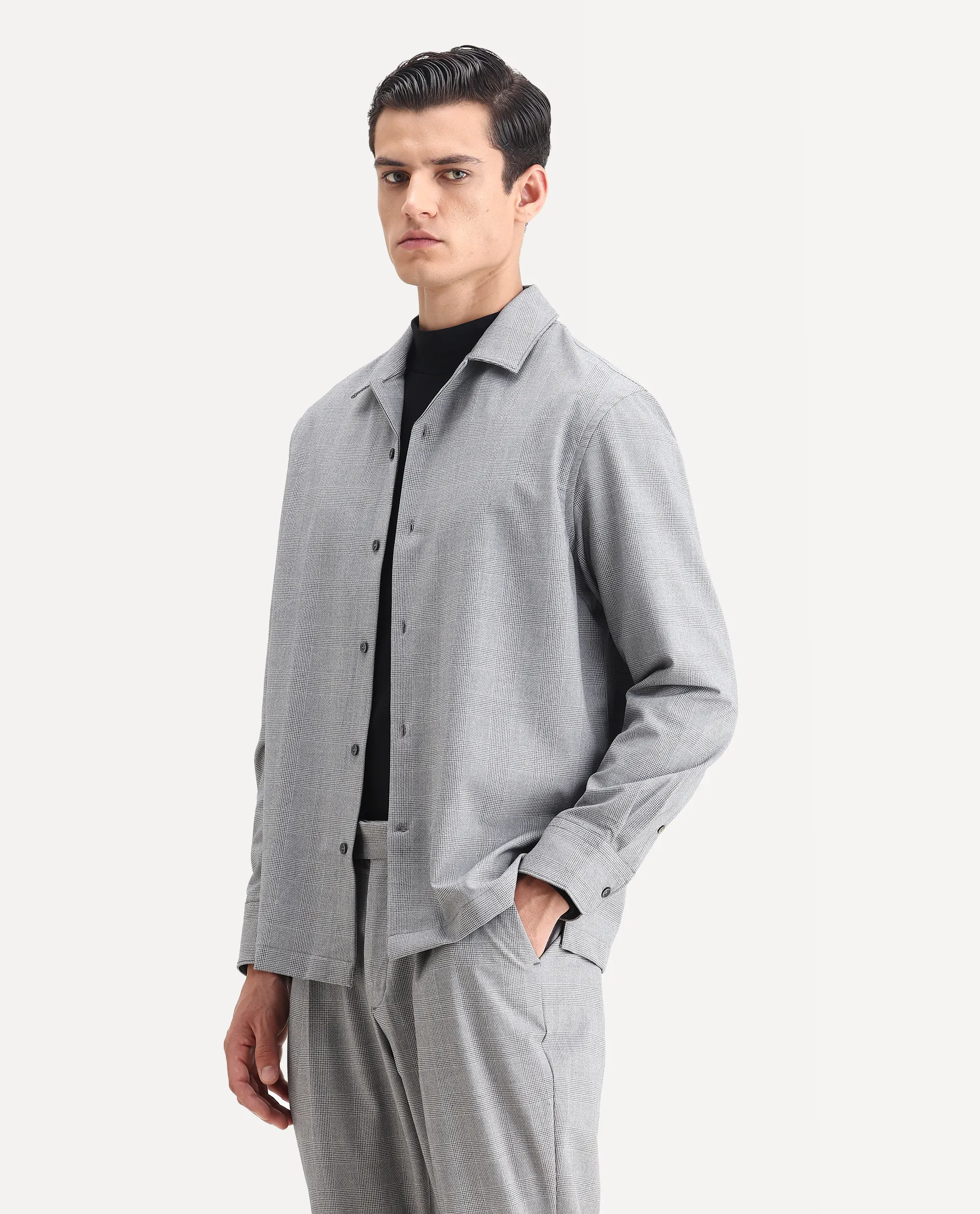 Rare Rabbit Men's Morst-T Dark Grey Polyester Blend Checked Print Regular Fit Full Sleeve Cuban Collar Shirt - Image 5