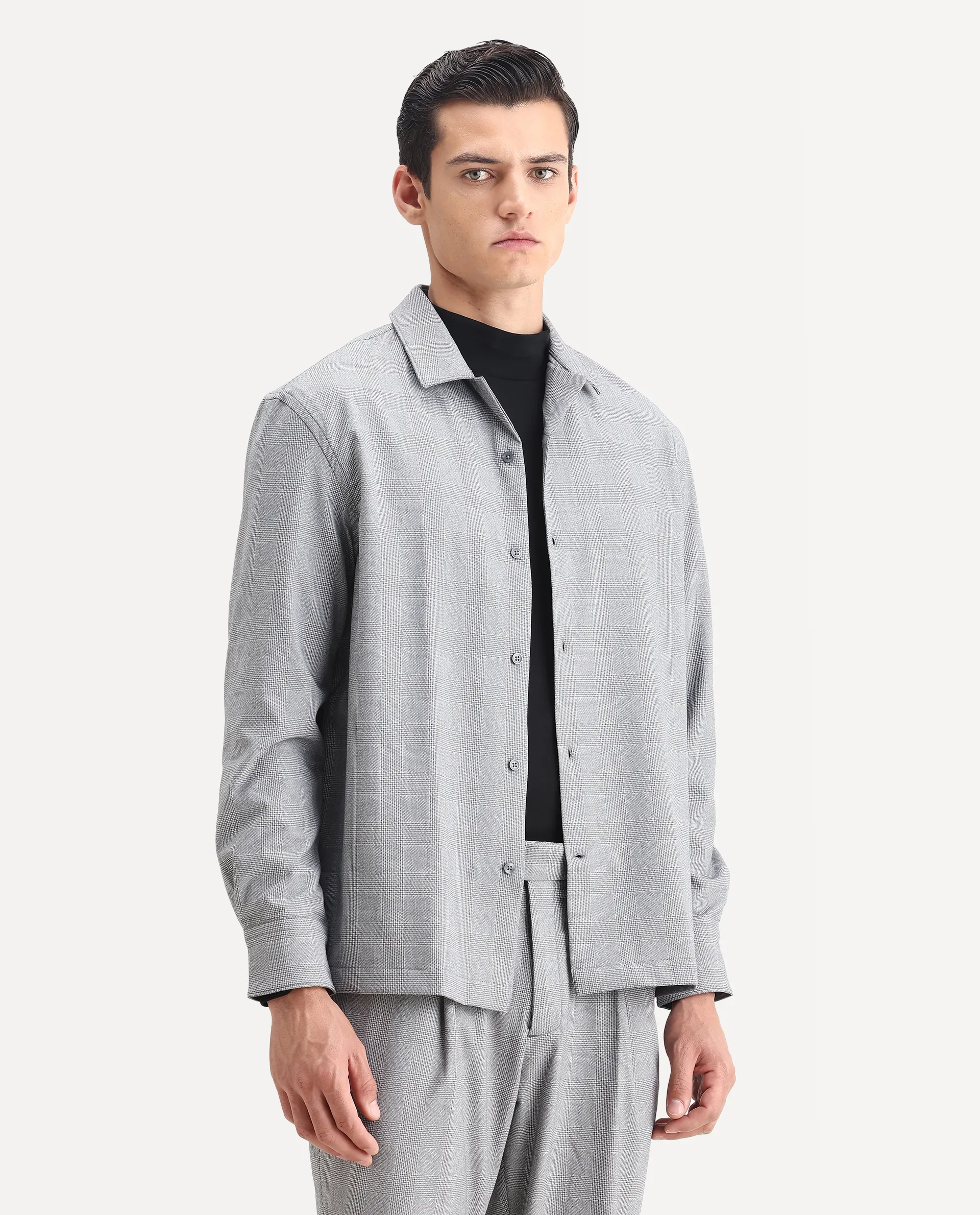 Rare Rabbit Men's Morst-T Dark Grey Polyester Blend Checked Print Regular Fit Full Sleeve Cuban Collar Shirt - Image 6