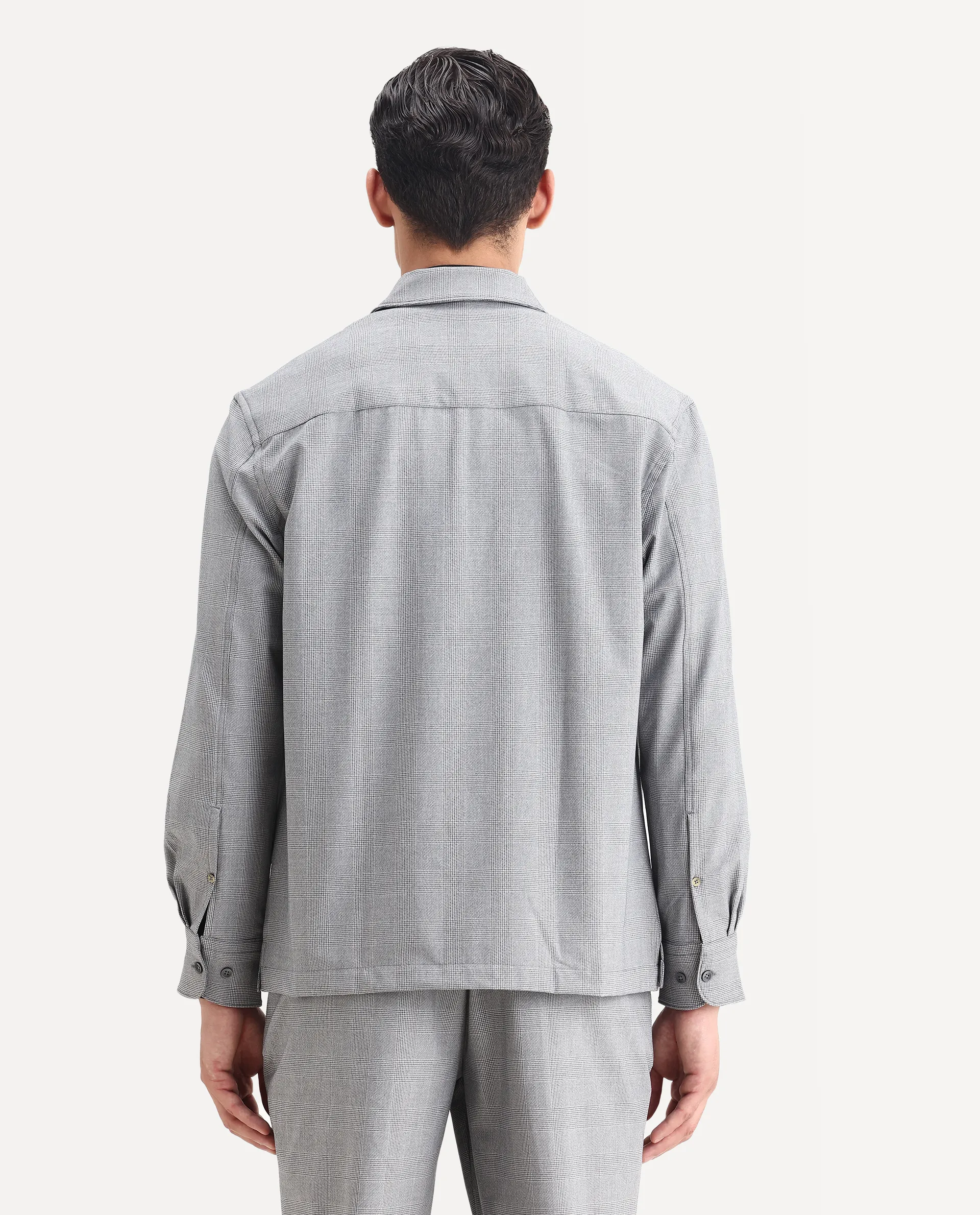 Rare Rabbit Men's Morst-T Dark Grey Polyester Blend Checked Print Regular Fit Full Sleeve Cuban Collar Shirt - Image 7