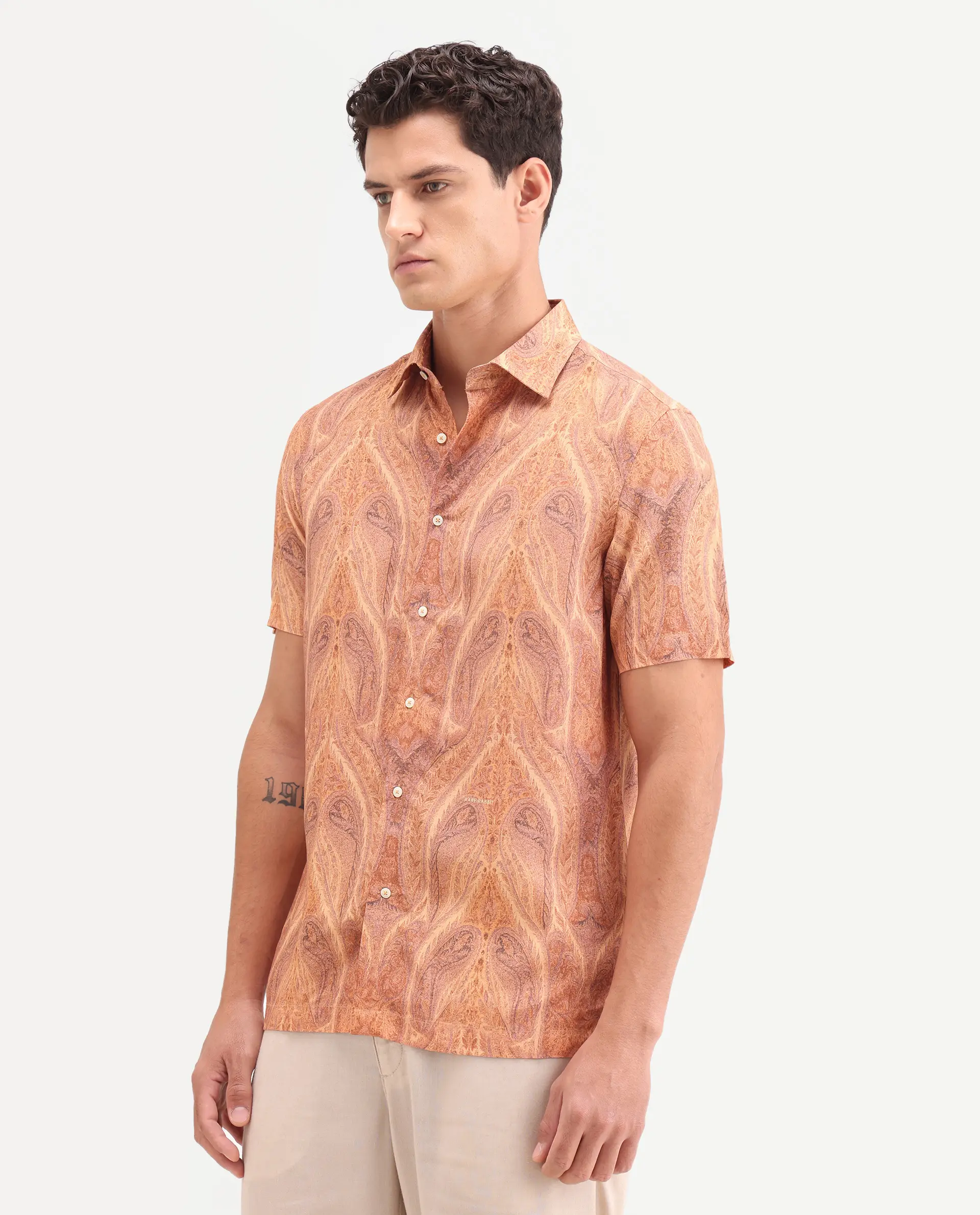 Rare Rabbit Men's Moru Beige Viscose Fabric Full Sleeve Spread Collar Regular Paisley Print Shirt - Image 3