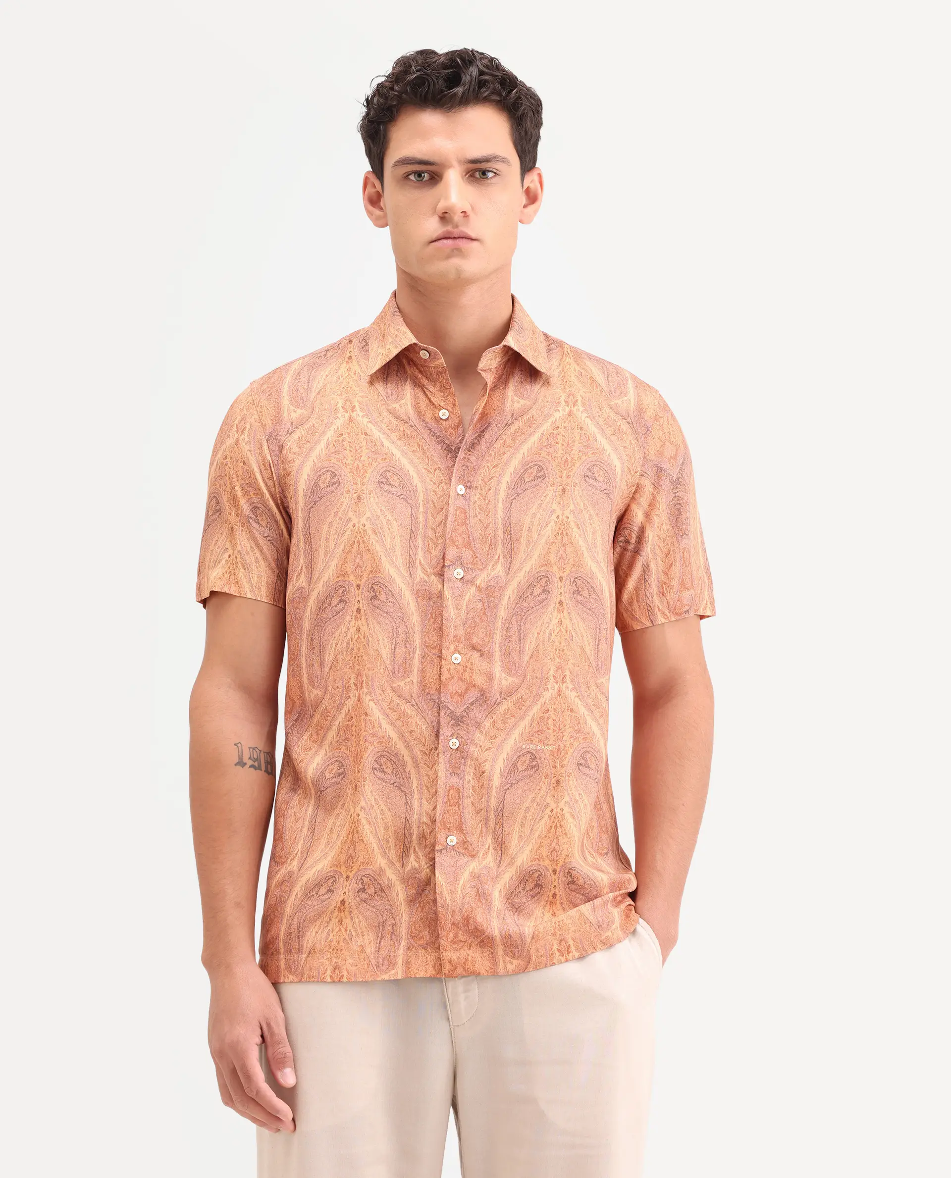 Rare Rabbit Men's Moru Beige Viscose Fabric Full Sleeve Spread Collar Regular Paisley Print Shirt - Image 4