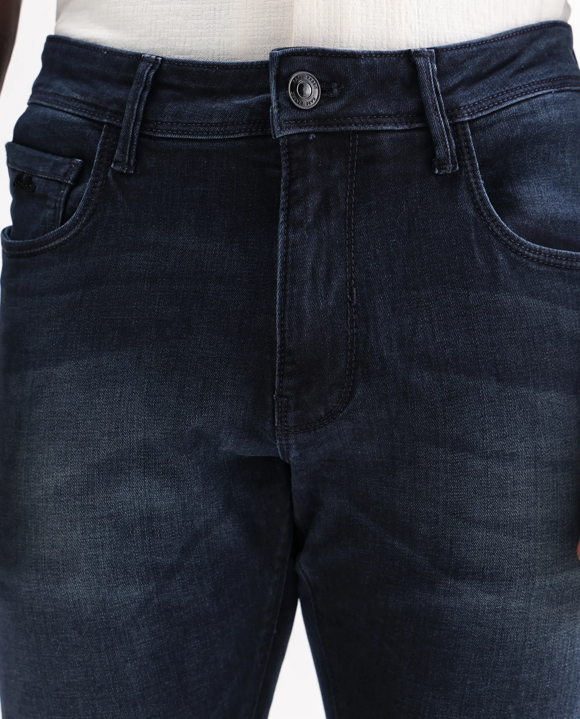 Rare Rabbit Men's Morvan Dark Blue Cotton Plain Hawk Slim Fit Jeans - Image 3