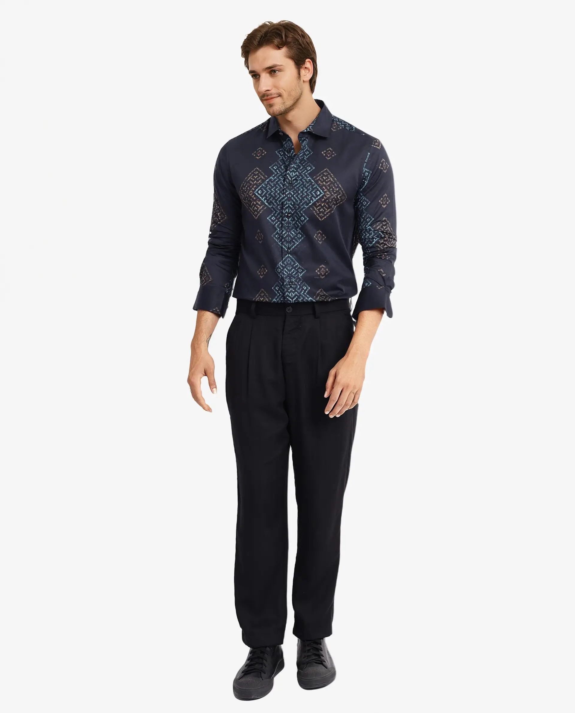 Rare Rabbit Men's Mosac-1 Black Cotton Geometric Print Regular Fit Full Sleeve Collared Shirt - Image 2
