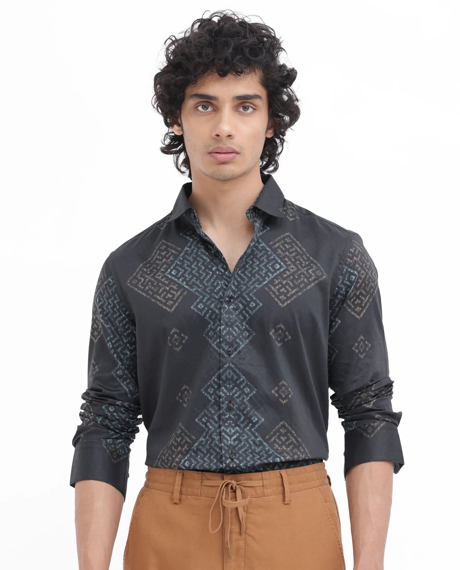 Rare Rabbit Men's Mosac Black Cotton Geometric Print Regular Fit Full Sleeve Collared Shirt - Image 2