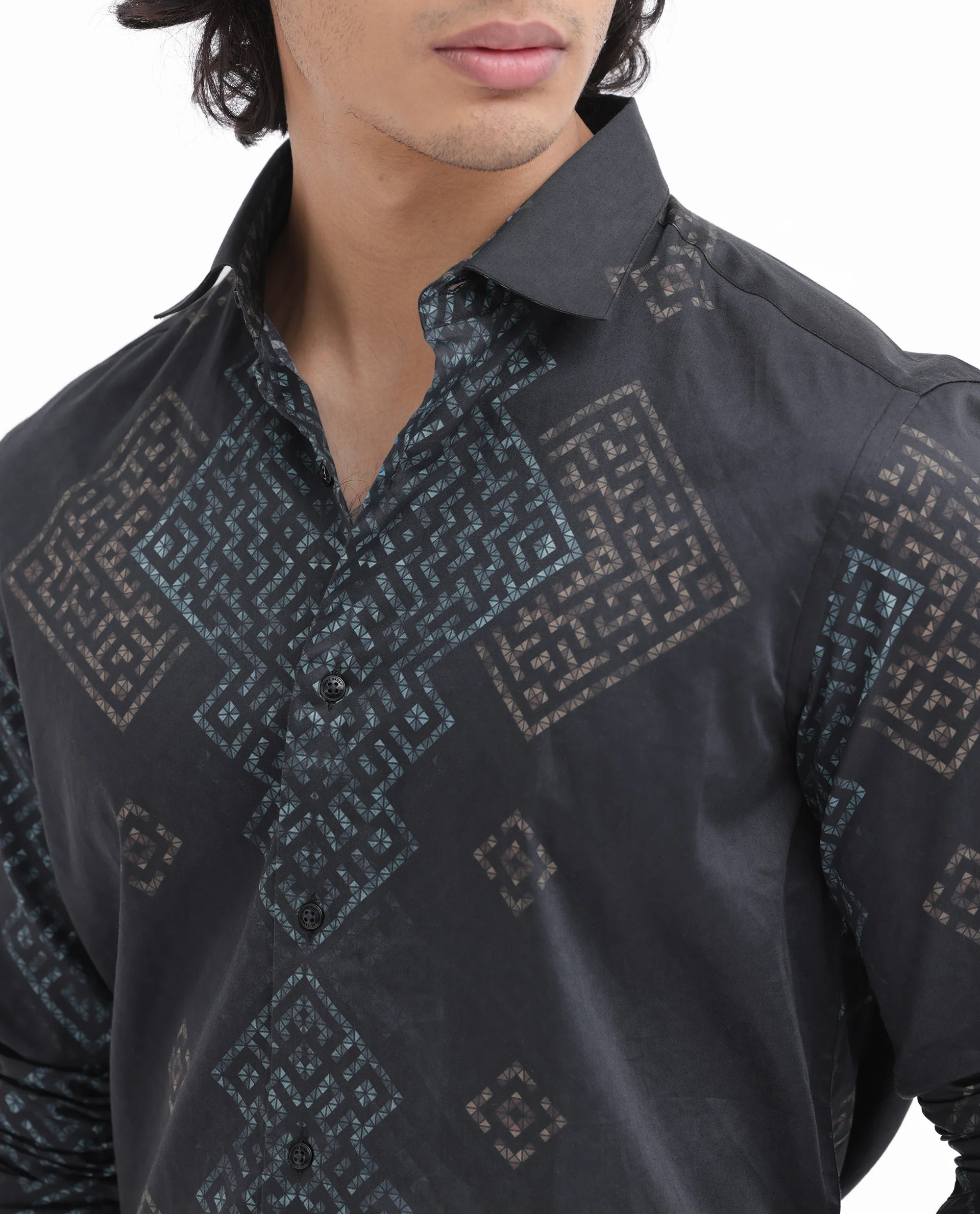 Rare Rabbit Men's Mosac Black Cotton Geometric Print Regular Fit Full Sleeve Collared Shirt - Image 4