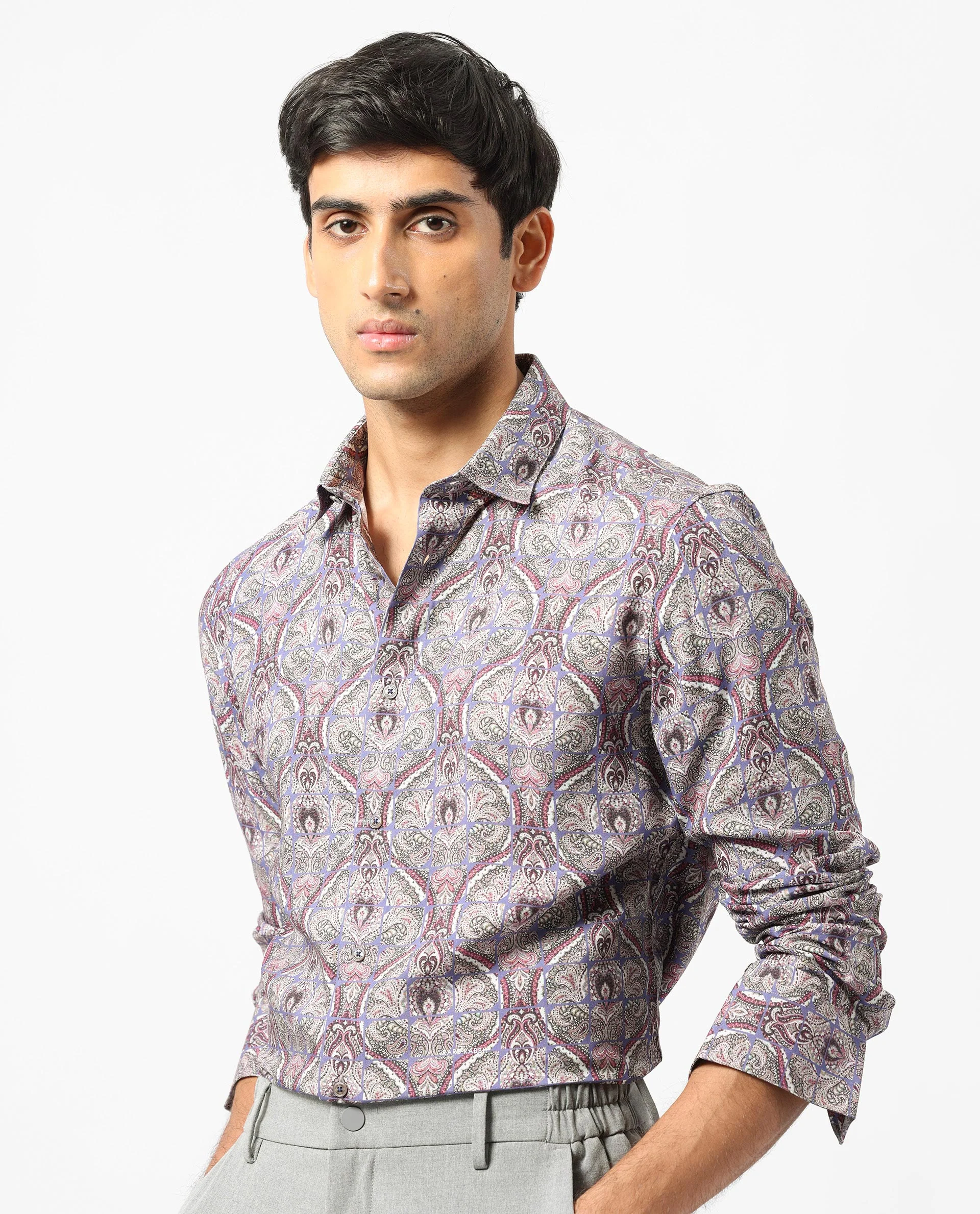 Rare Rabbit Men's Mosaic Purple Viscose Paisley Print Regular Fit Full Sleeve Collared Shirt - Image 3