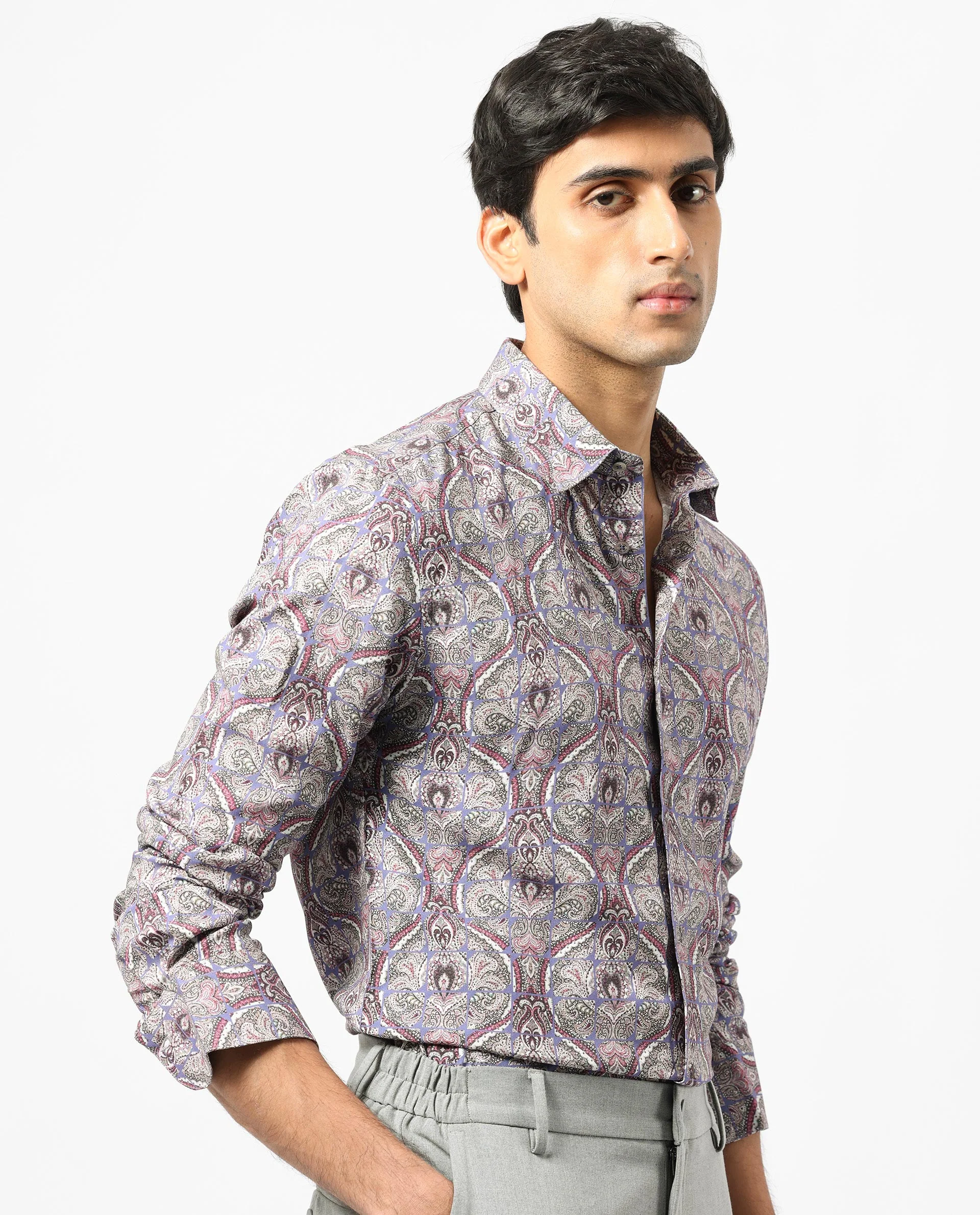 Rare Rabbit Men's Mosaic Purple Viscose Paisley Print Regular Fit Full Sleeve Collared Shirt - Image 7