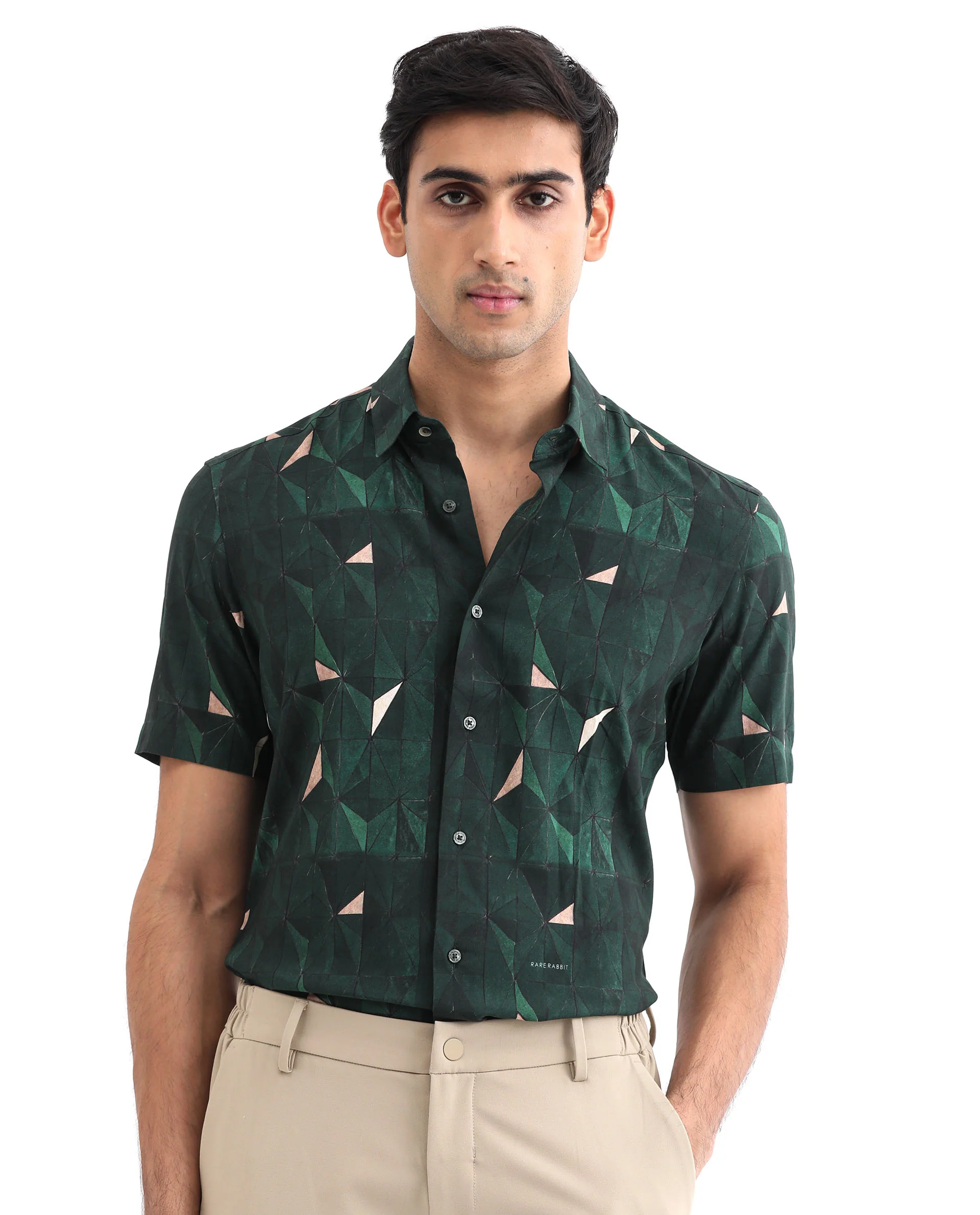 Rare Rabbit Men's Mose Ss Green Viscose Geometric Print Regular Fit Half Sleeve Collared Shirt