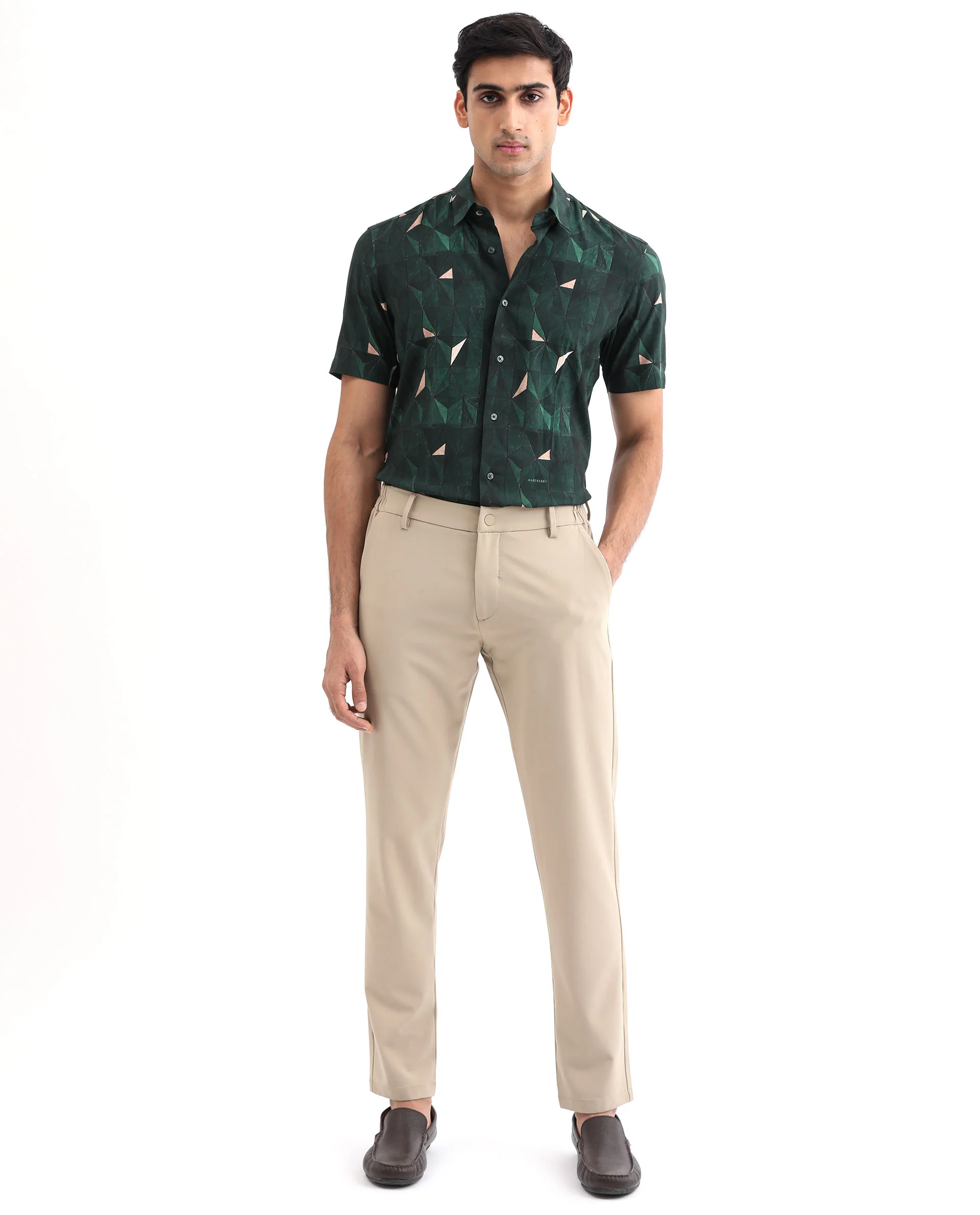 Rare Rabbit Men's Mose Ss Green Viscose Geometric Print Regular Fit Half Sleeve Collared Shirt - Image 2