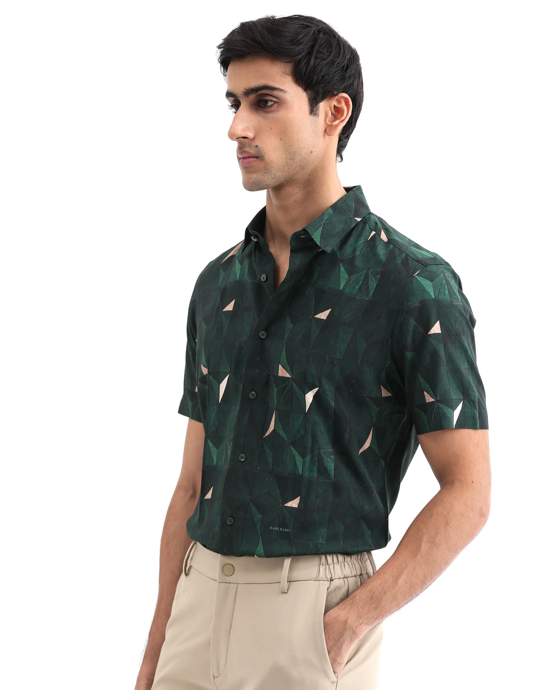 Rare Rabbit Men's Mose Ss Green Viscose Geometric Print Regular Fit Half Sleeve Collared Shirt - Image 3