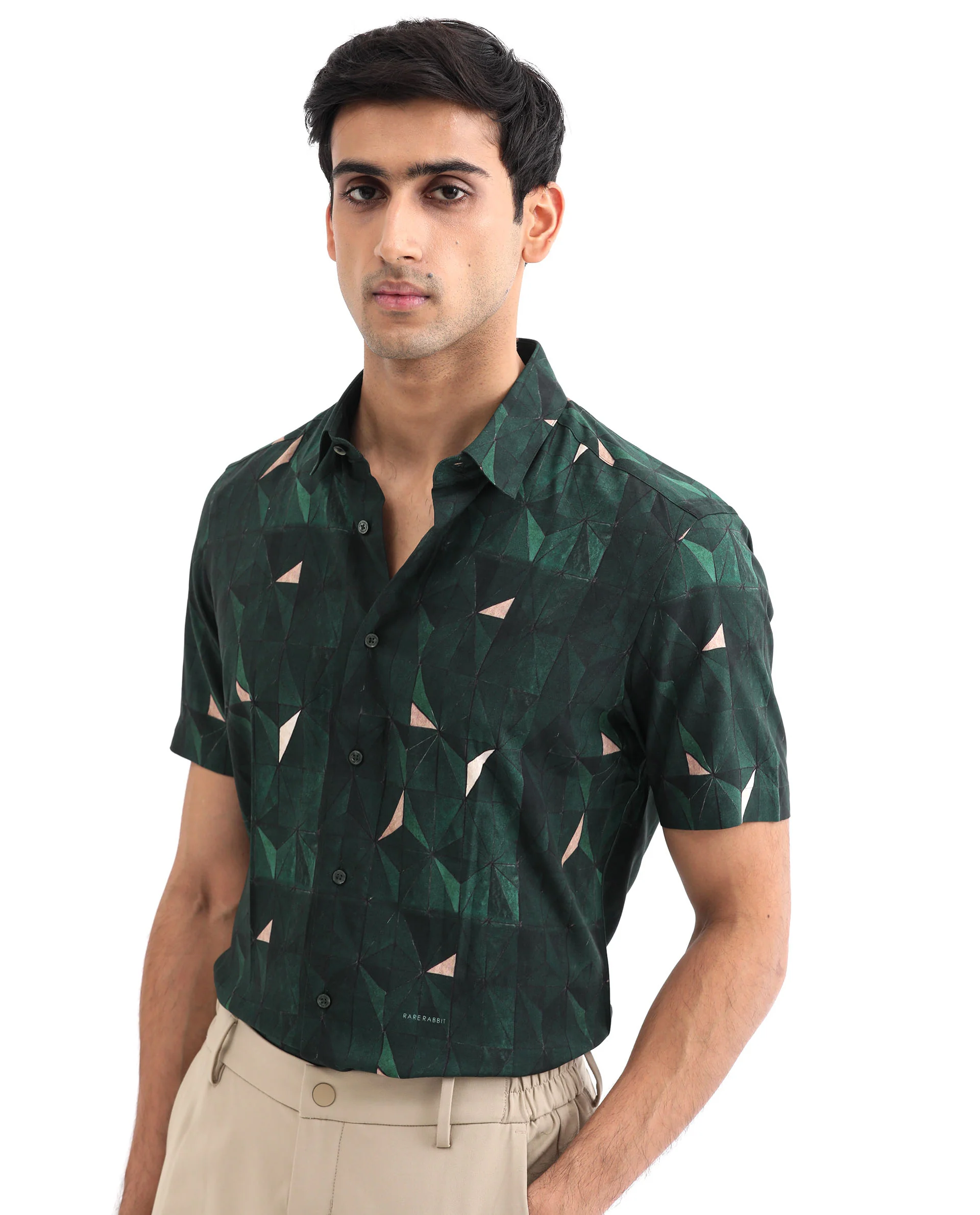 Rare Rabbit Men's Mose Ss Green Viscose Geometric Print Regular Fit Half Sleeve Collared Shirt - Image 4