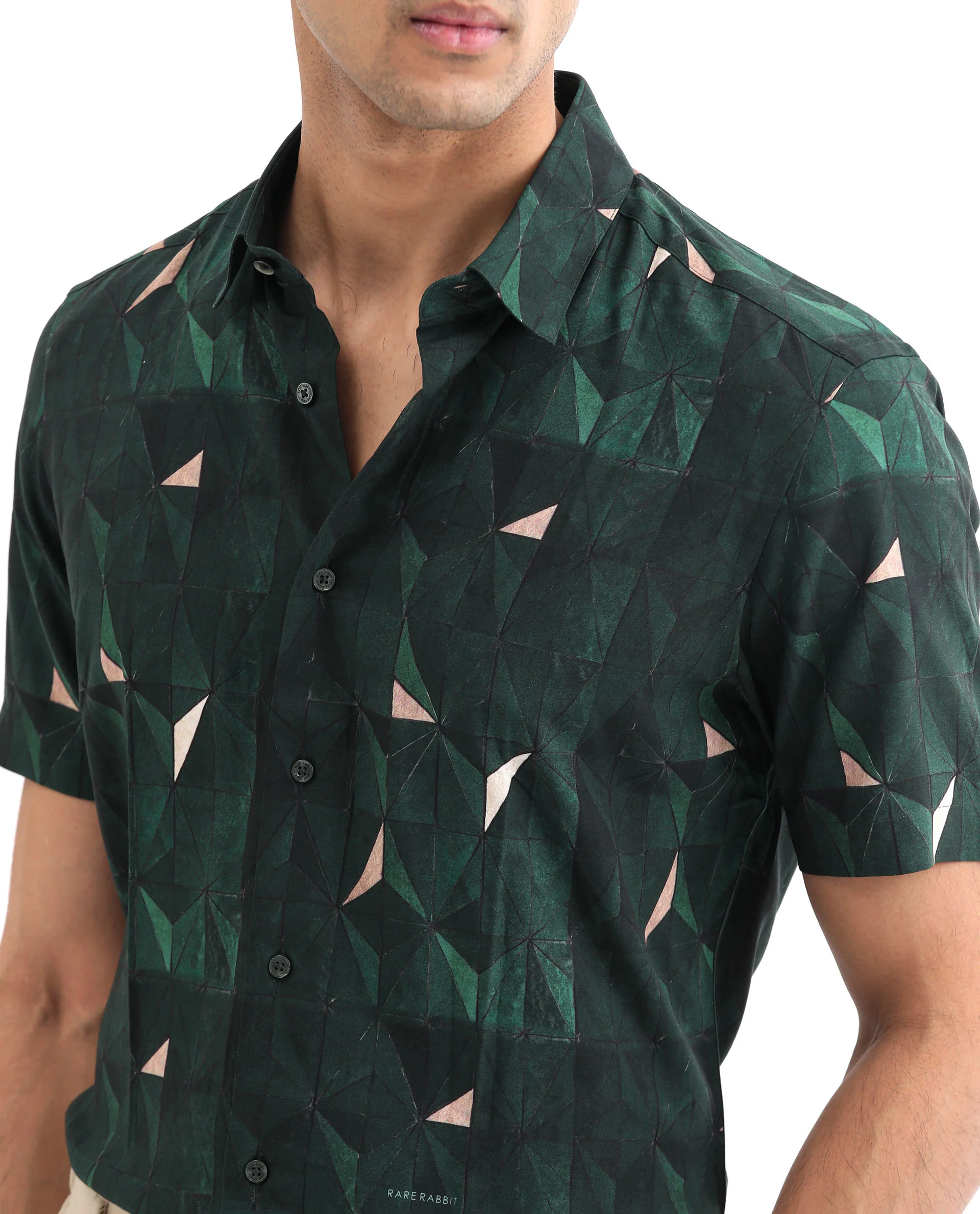 Rare Rabbit Men's Mose Ss Green Viscose Geometric Print Regular Fit Half Sleeve Collared Shirt - Image 5