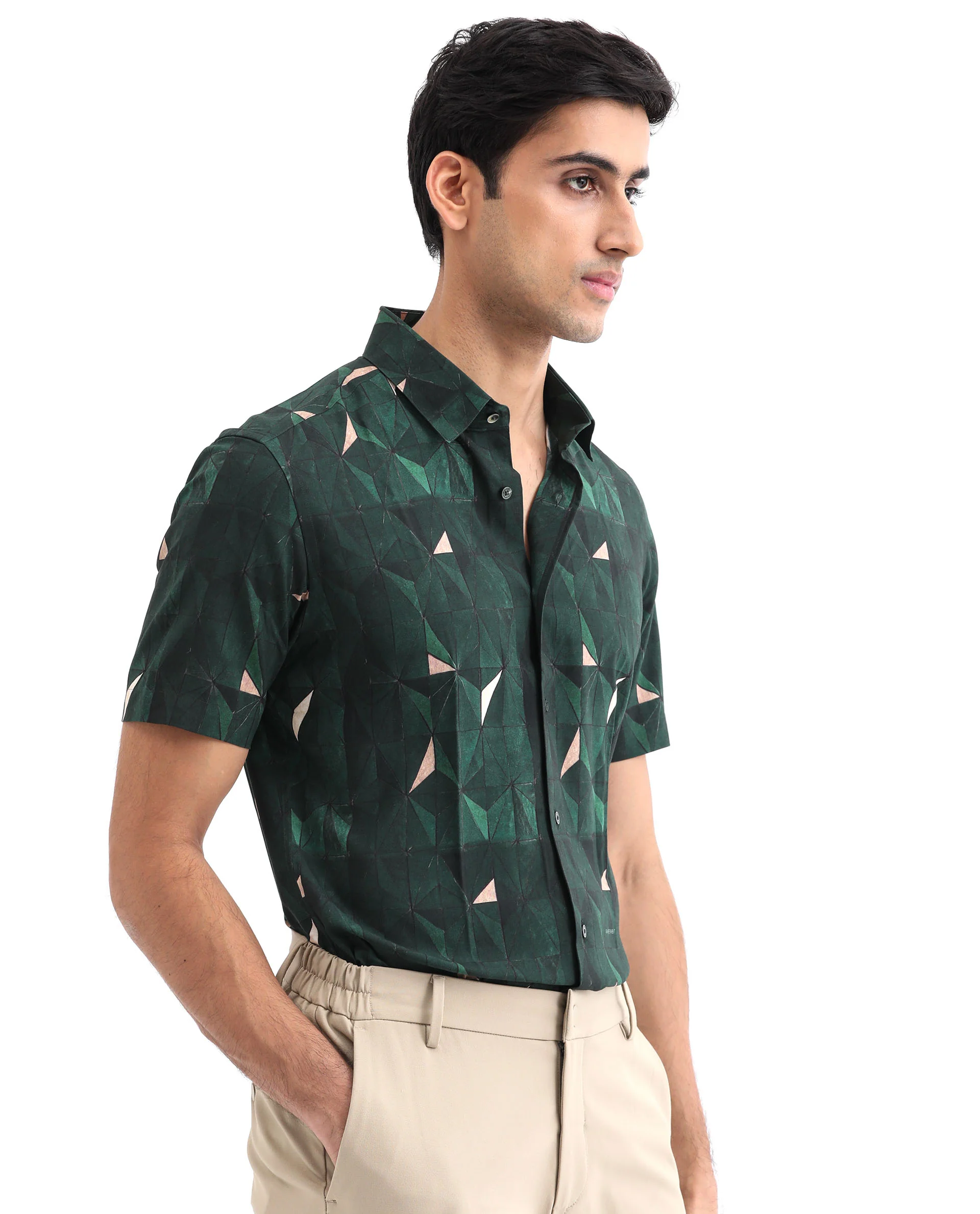 Rare Rabbit Men's Mose Ss Green Viscose Geometric Print Regular Fit Half Sleeve Collared Shirt - Image 6