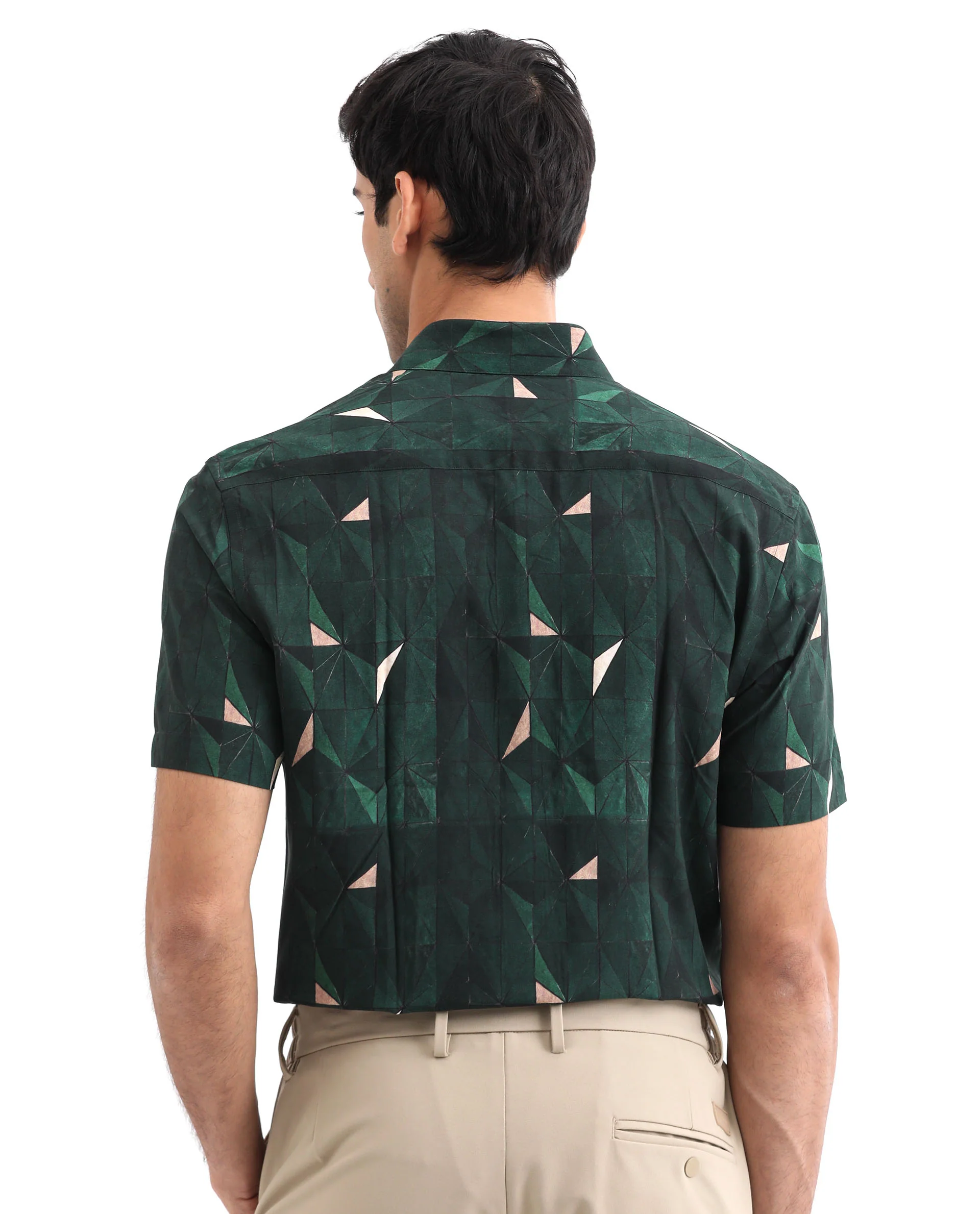 Rare Rabbit Men's Mose Ss Green Viscose Geometric Print Regular Fit Half Sleeve Collared Shirt - Image 8
