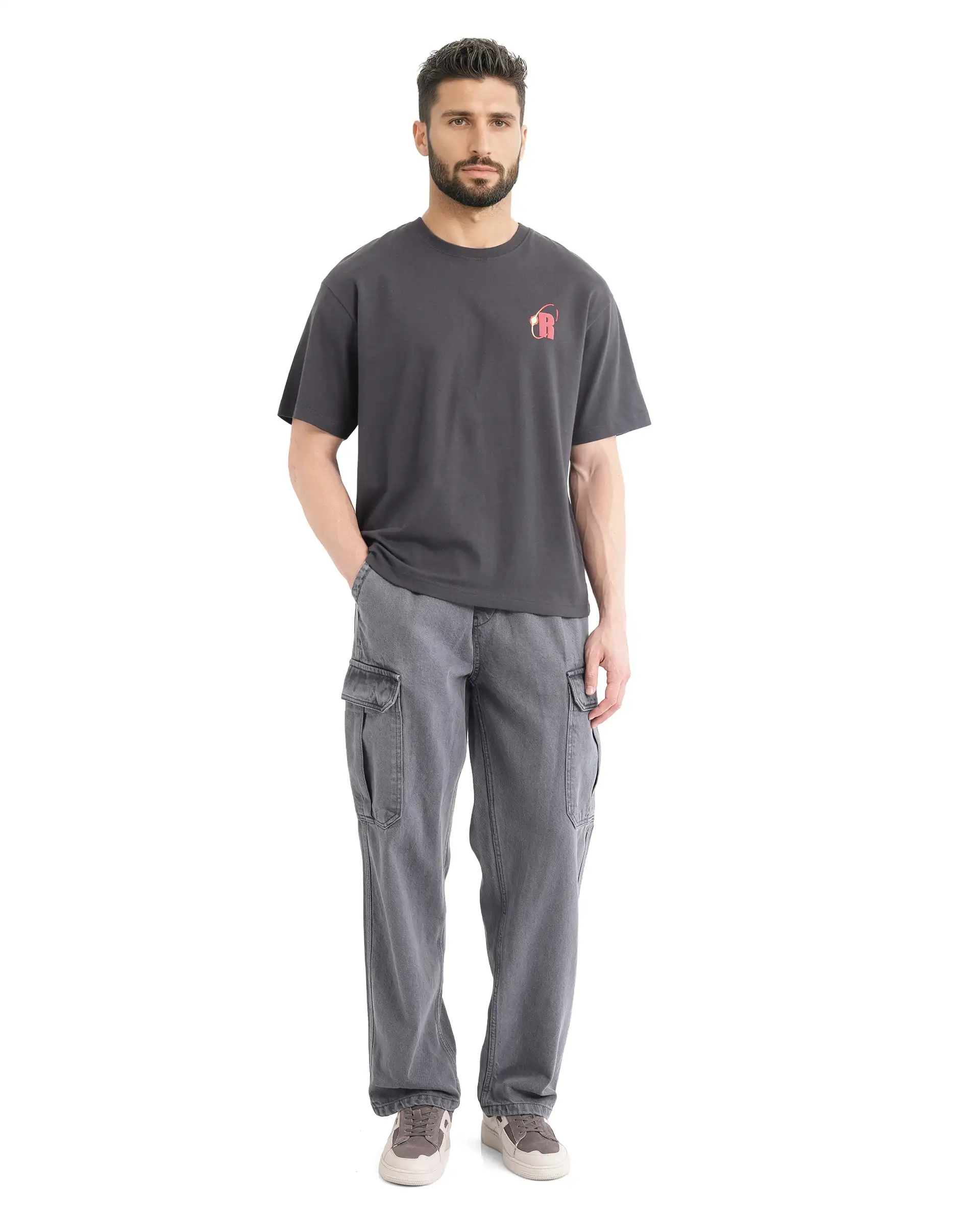 Rare Rabbit Men's Mosh Dark Grey Cotton Graphic Print Oversized Fit Half Sleeve Crew Neck T-Shirt - Image 2