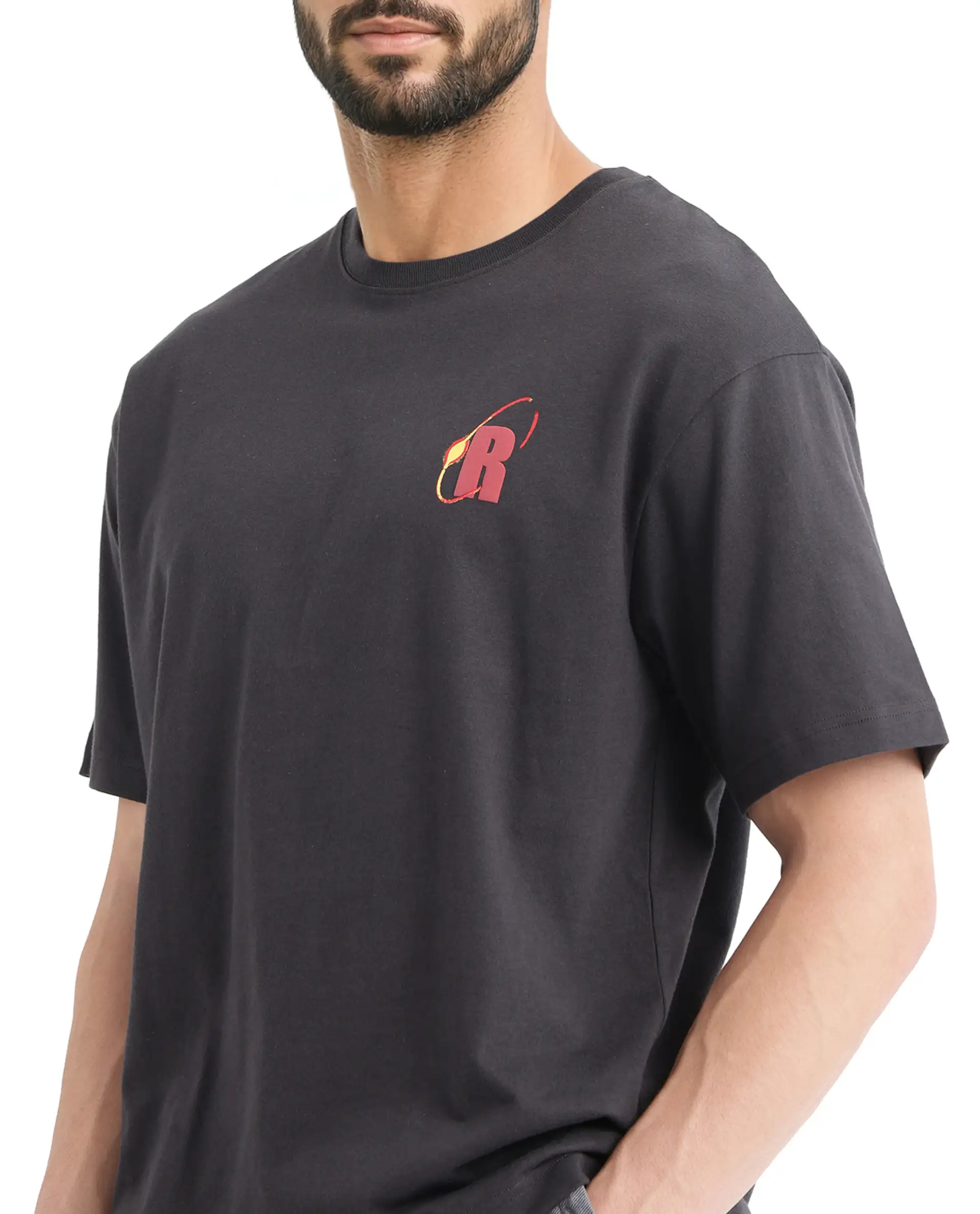Rare Rabbit Men's Mosh Dark Grey Cotton Graphic Print Oversized Fit Half Sleeve Crew Neck T-Shirt - Image 3